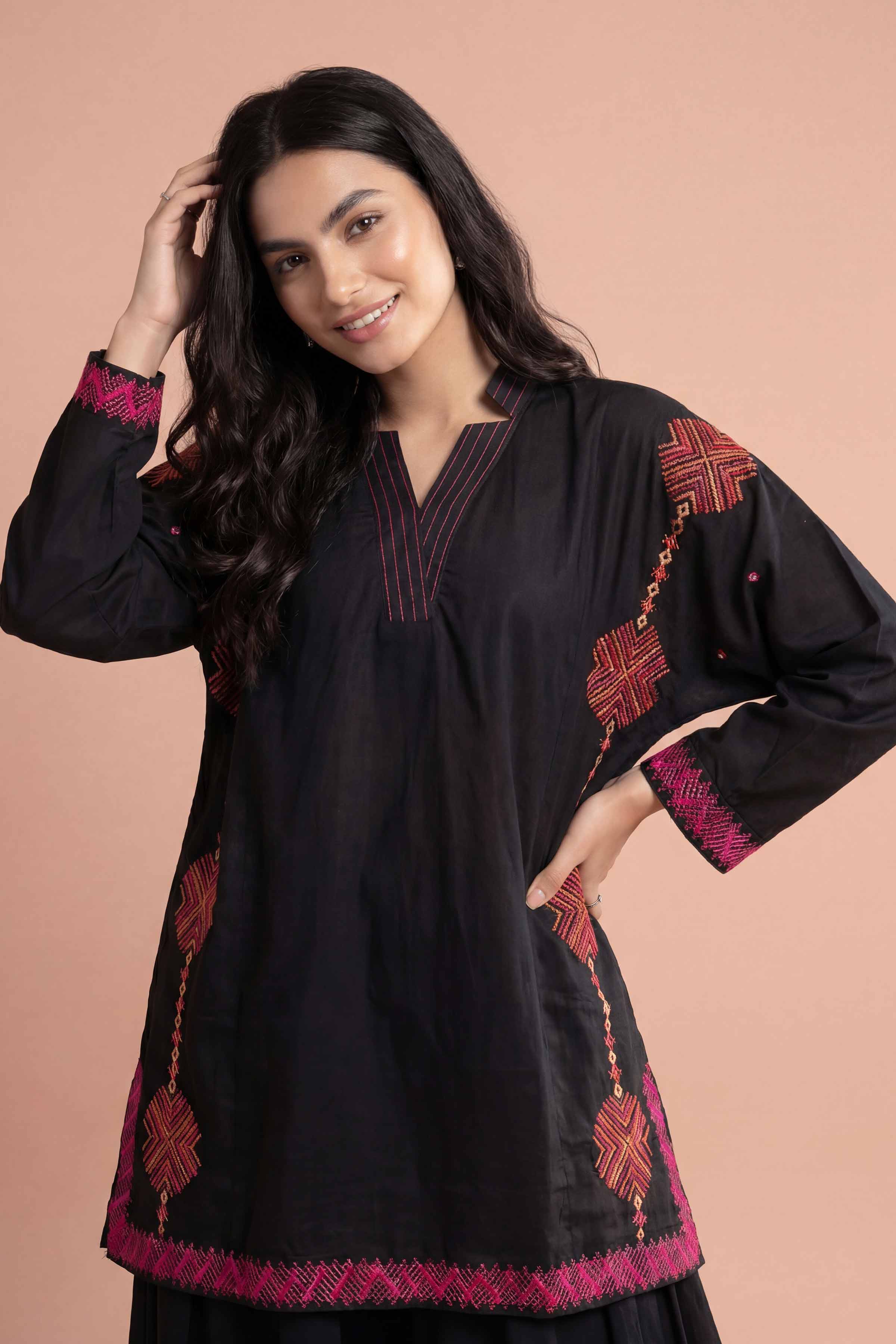 NishatUK - Black Embroidered Cambric 1-piece ready to wear kurta