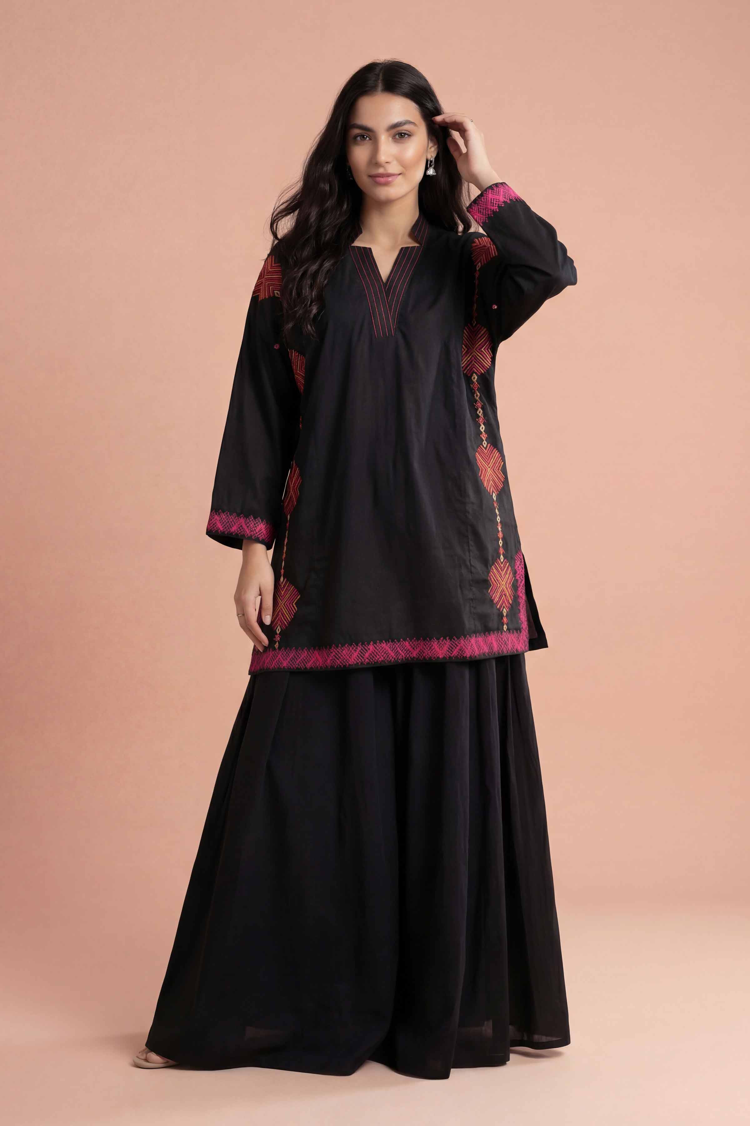 NishatUK - Black Embroidered Cambric 1-piece ready to wear kurta