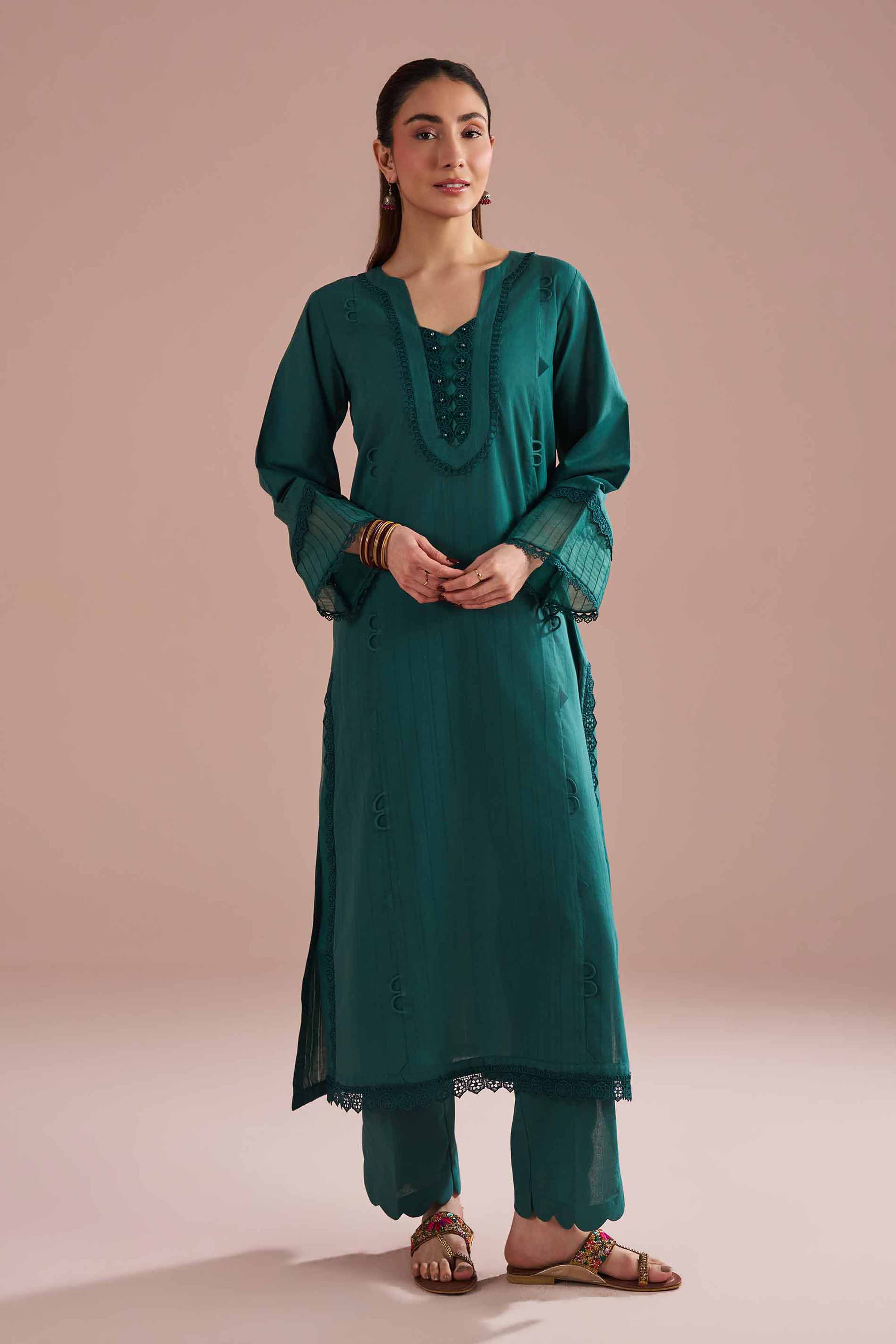 NishatUK - Green Solids Dobby 2-piece ready to wear Dress