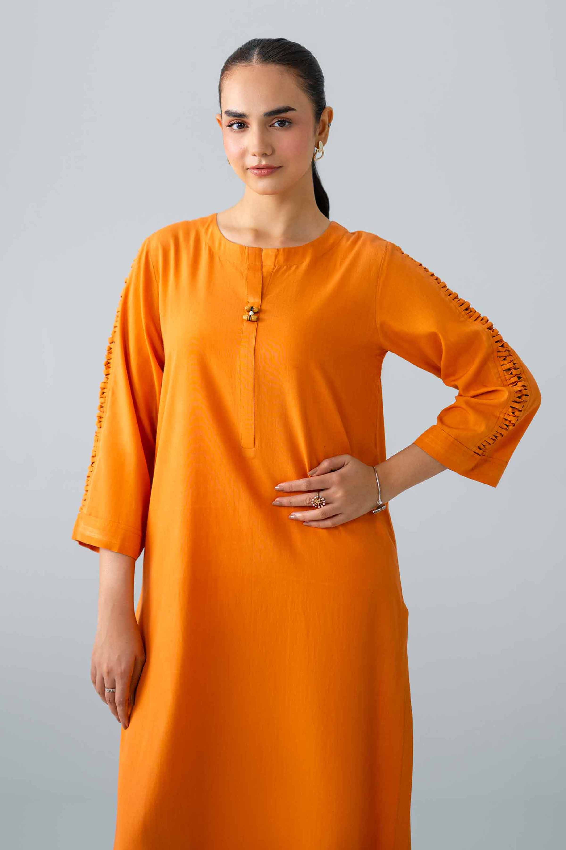 Nishat UK - Orange Embroidered Cotton 1 Piece ready to wear Shirt