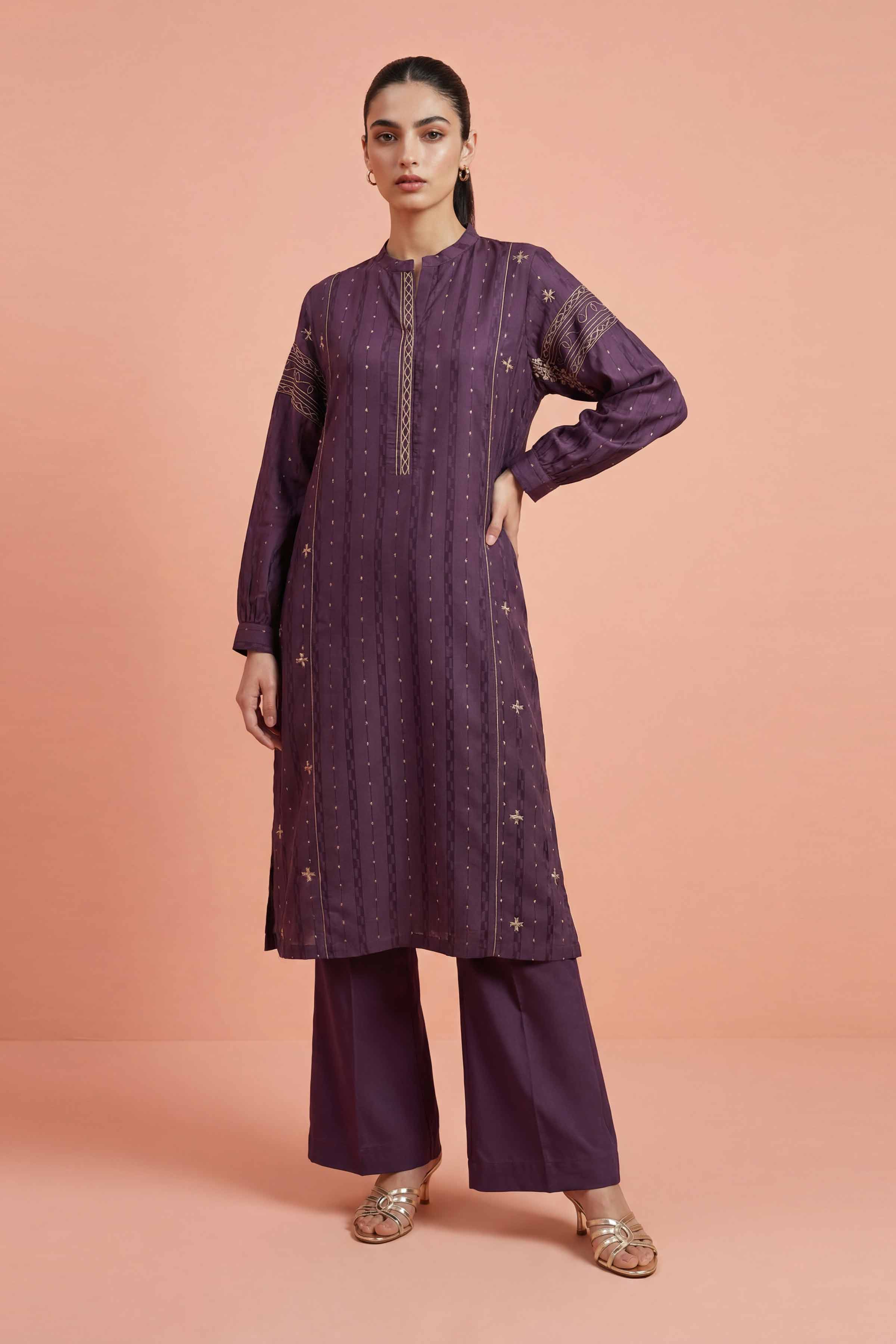 Nishat UK - Purple Embroidered Fancy Stripe 2-piece ready to wear Dress