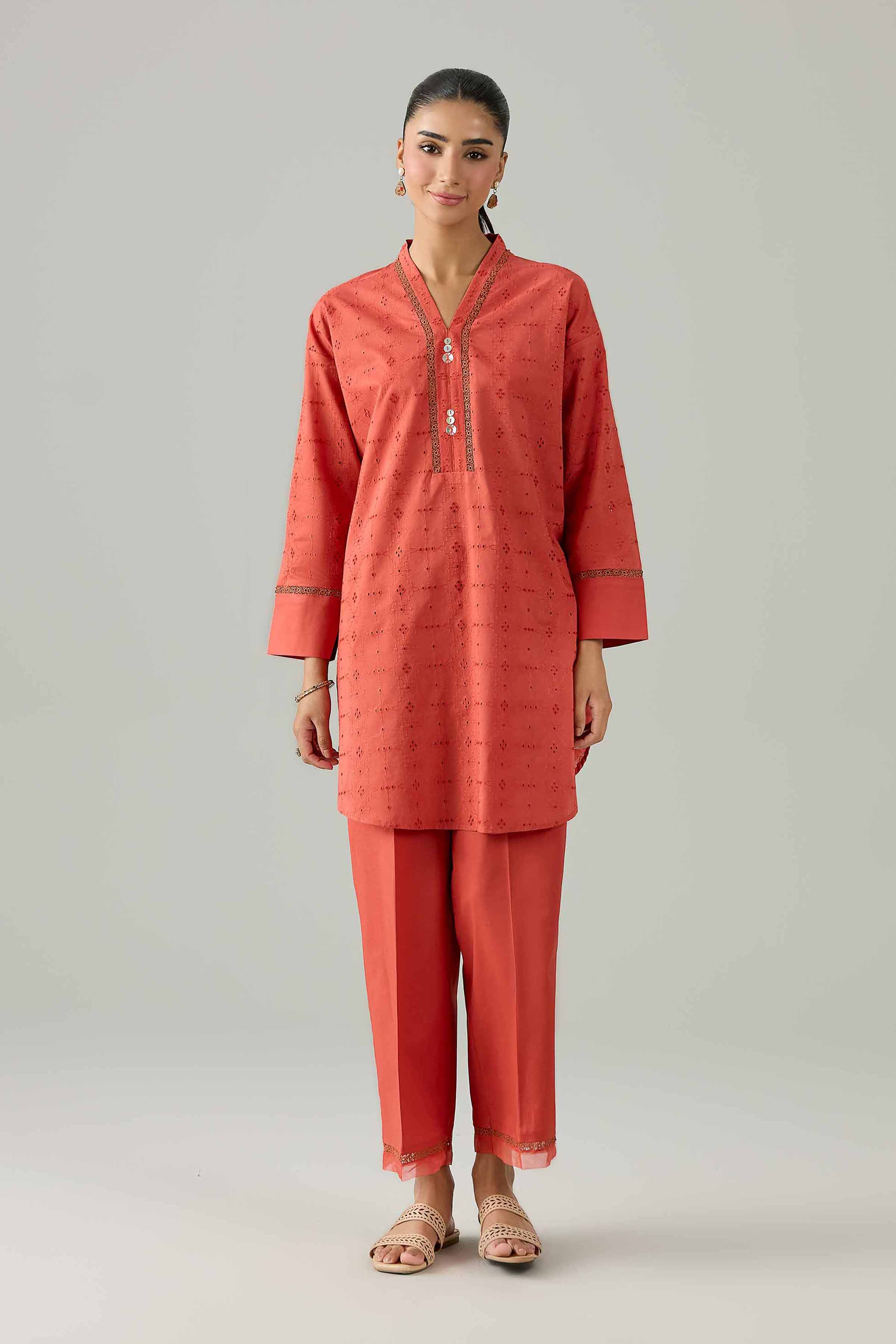 Nishat UK - Orange Embroidered Chicken Kari 2 Piece ready to wear Dress