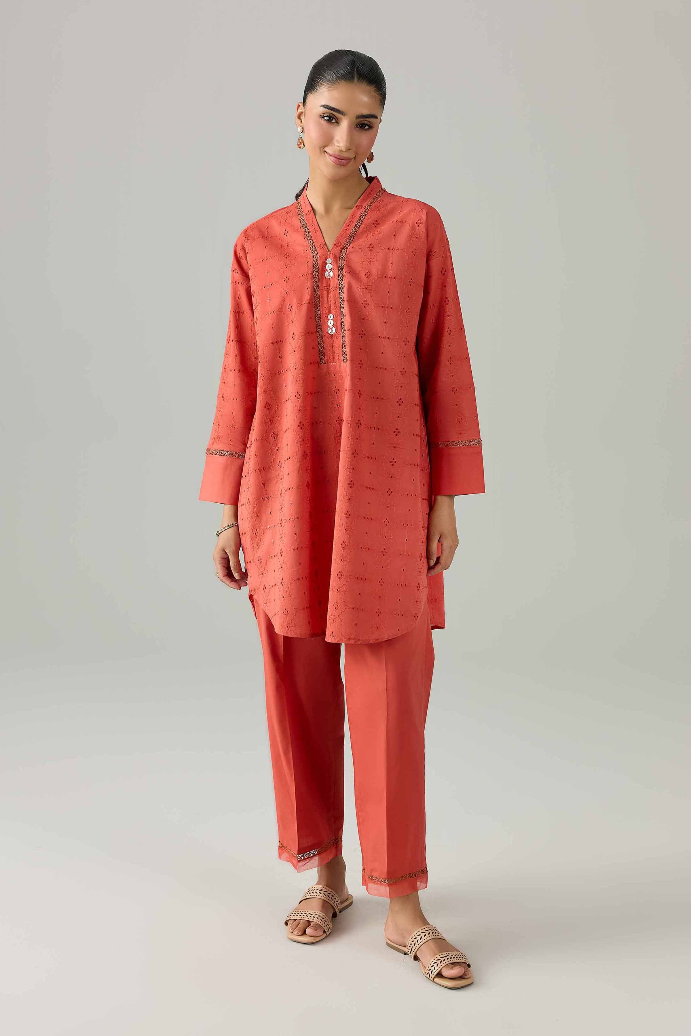 Nishat UK - Orange Embroidered Chicken Kari 2 Piece ready to wear Dress