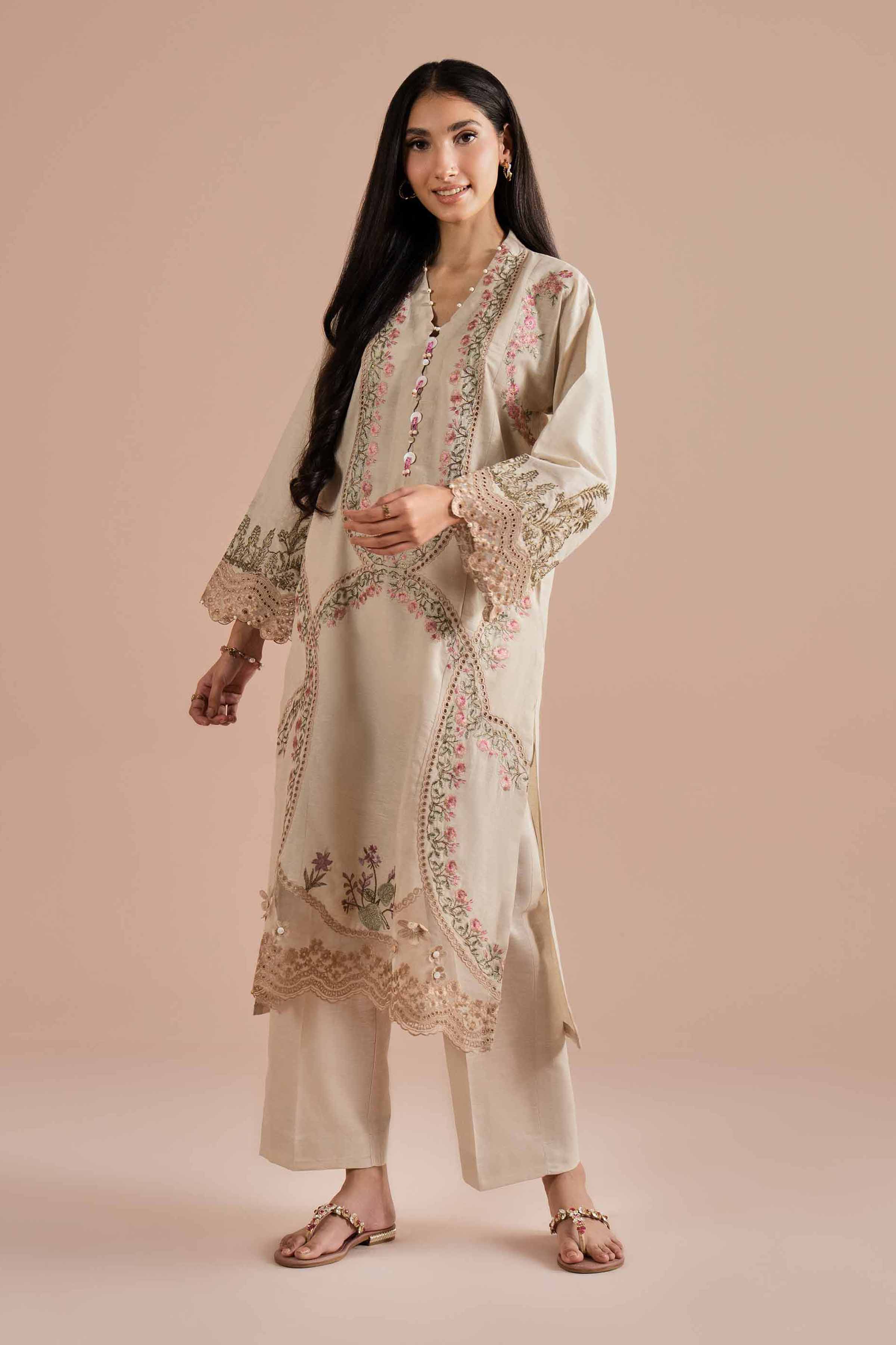 Nishat UK - Beige Embroidered Linen 2-piece ready to wear Dress