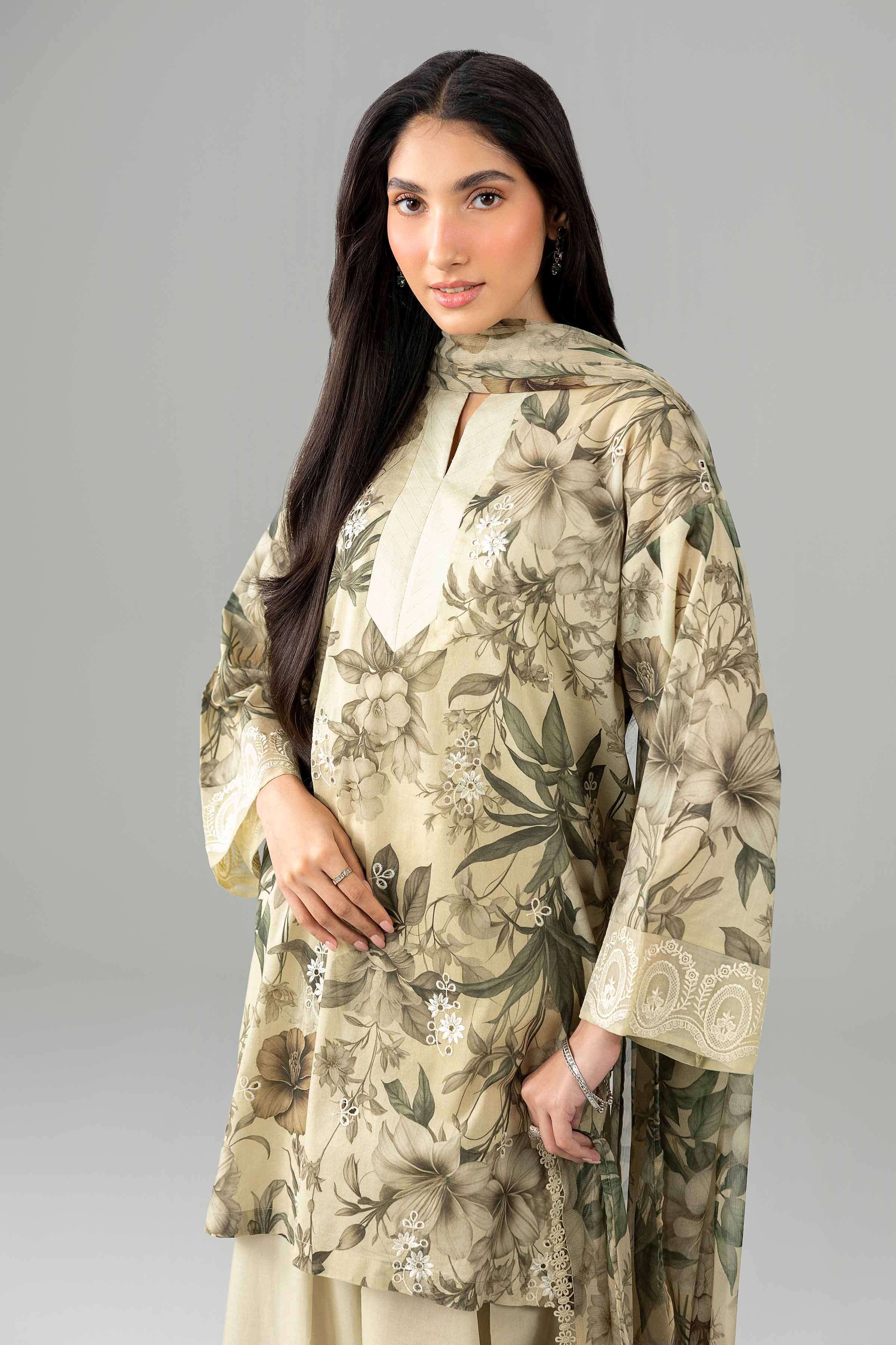 Nishat UK - Beige Embroidered Lawn 3-piece ready to wear Suit