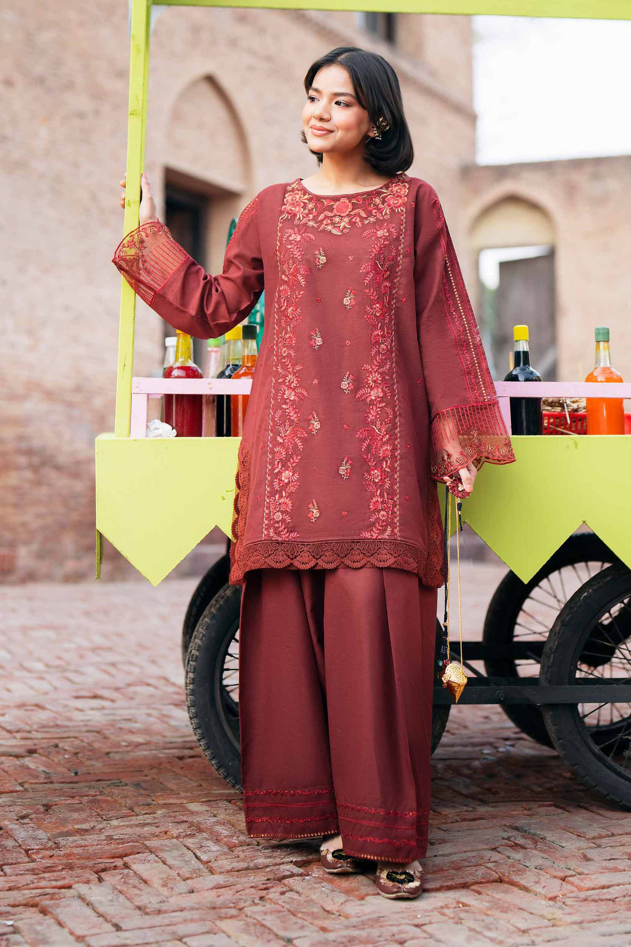 NishatUK - Red Embroidered Linen 2-piece ready to wear Dress