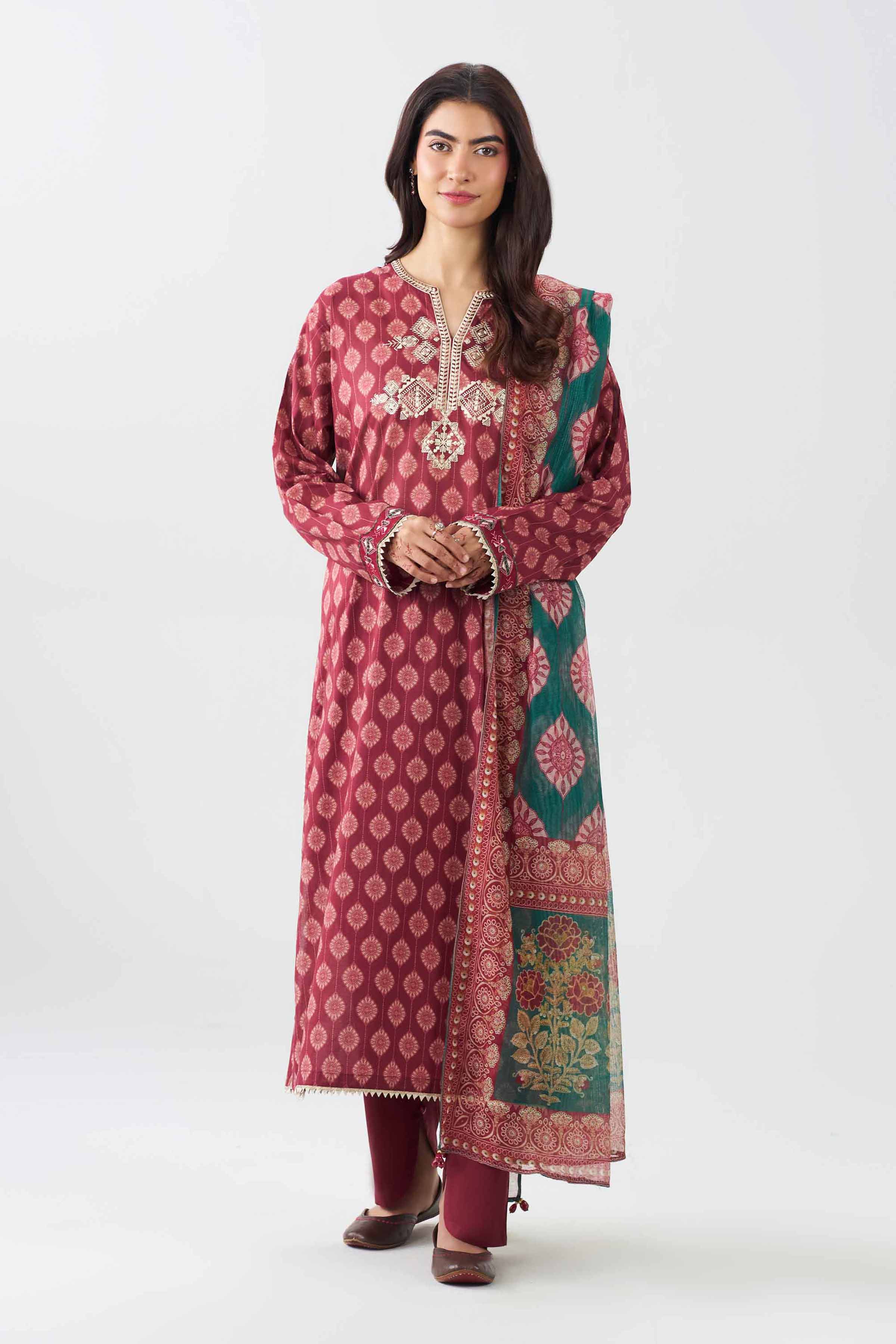 Nishat UK - Red Embroidered Lawn 3 Piece ready to wear Suit