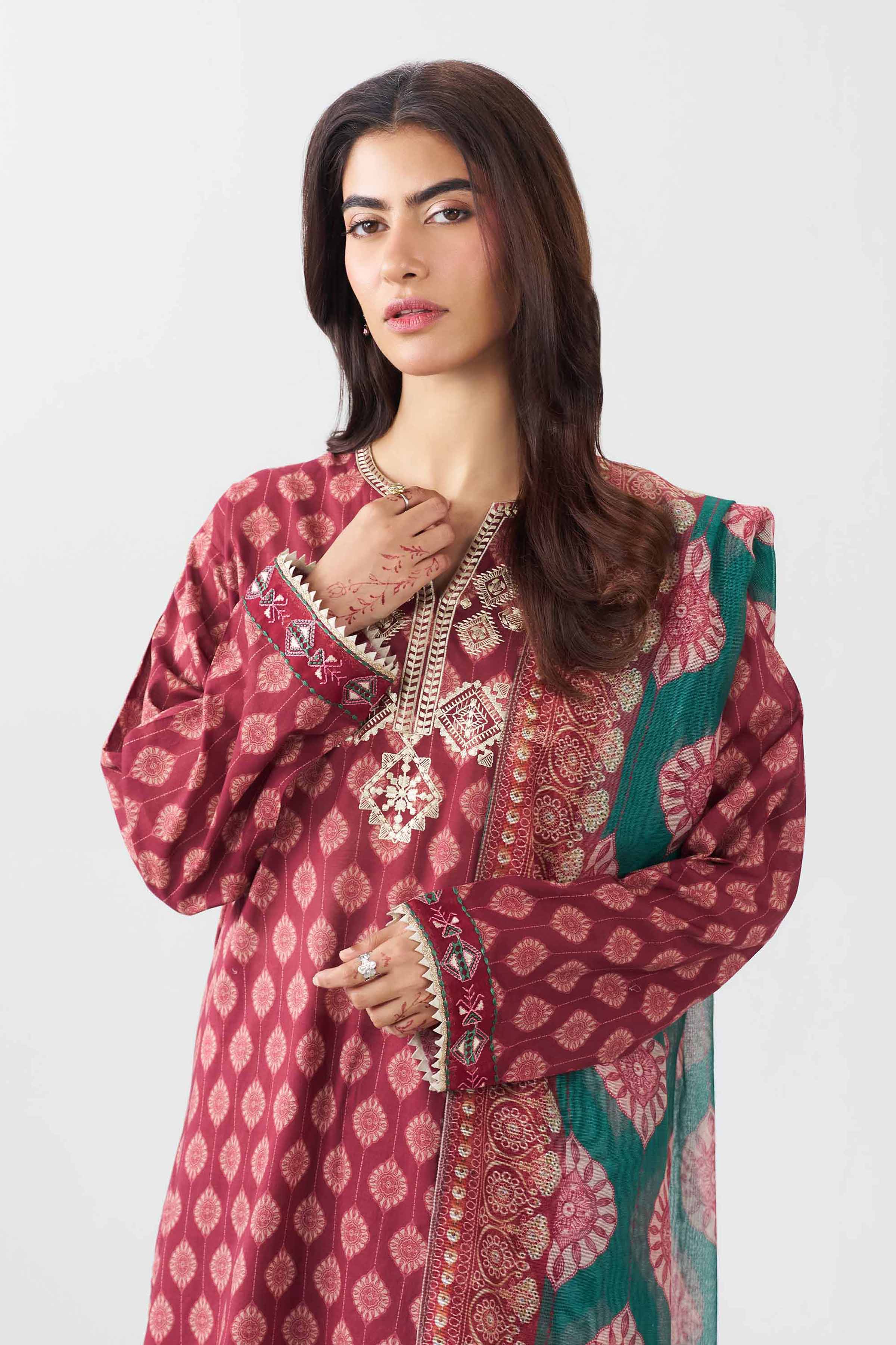 Nishat UK - Red Embroidered Lawn 3 Piece ready to wear Suit