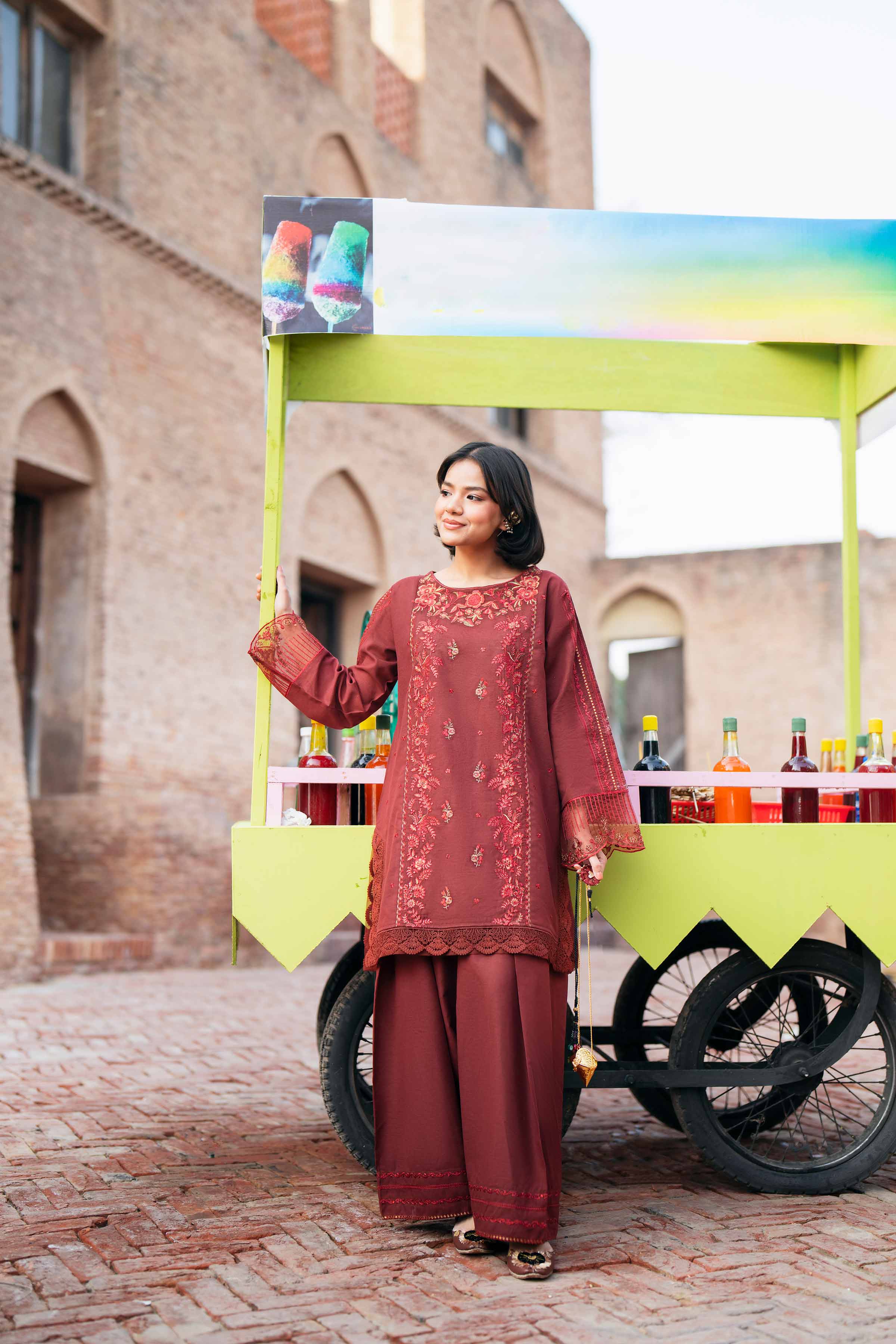 NishatUK - Red Embroidered Linen 2-piece ready to wear Dress