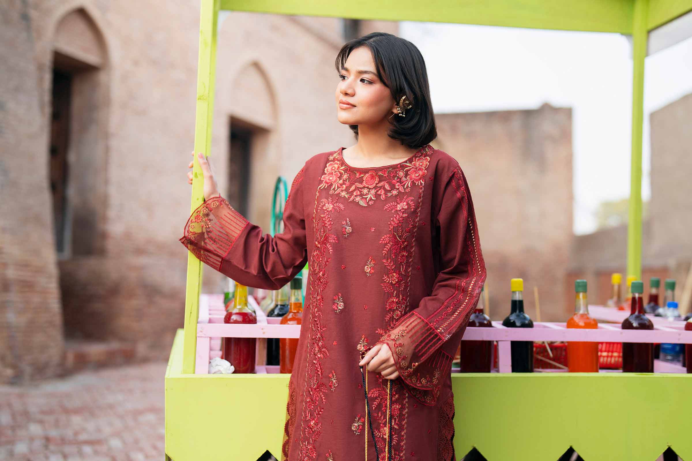 NishatUK - Red Embroidered Linen 2-piece ready to wear Dress