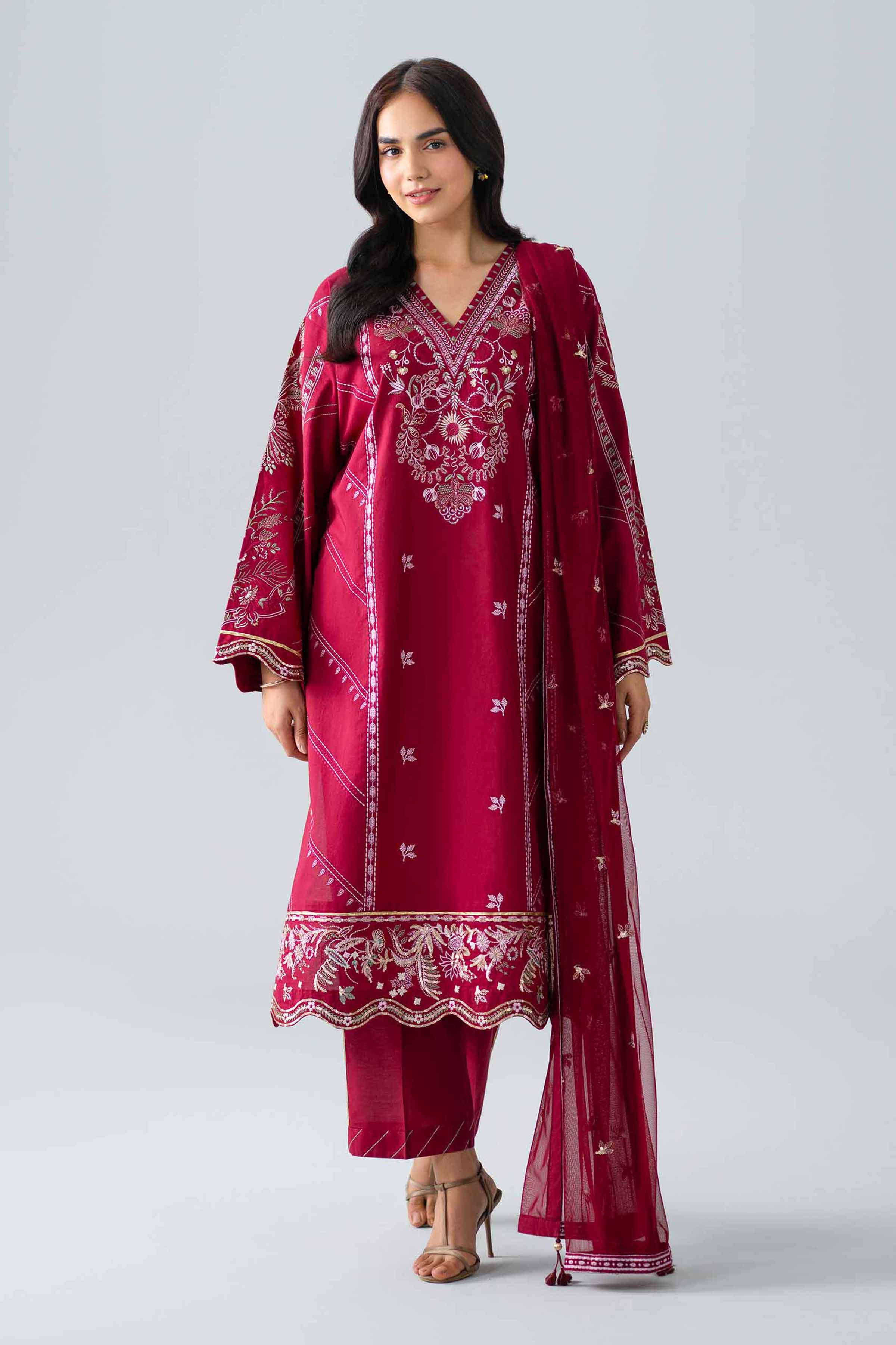 Nishat UK - Red Embroidered Lawn 3 Pieces ready to wear Suit