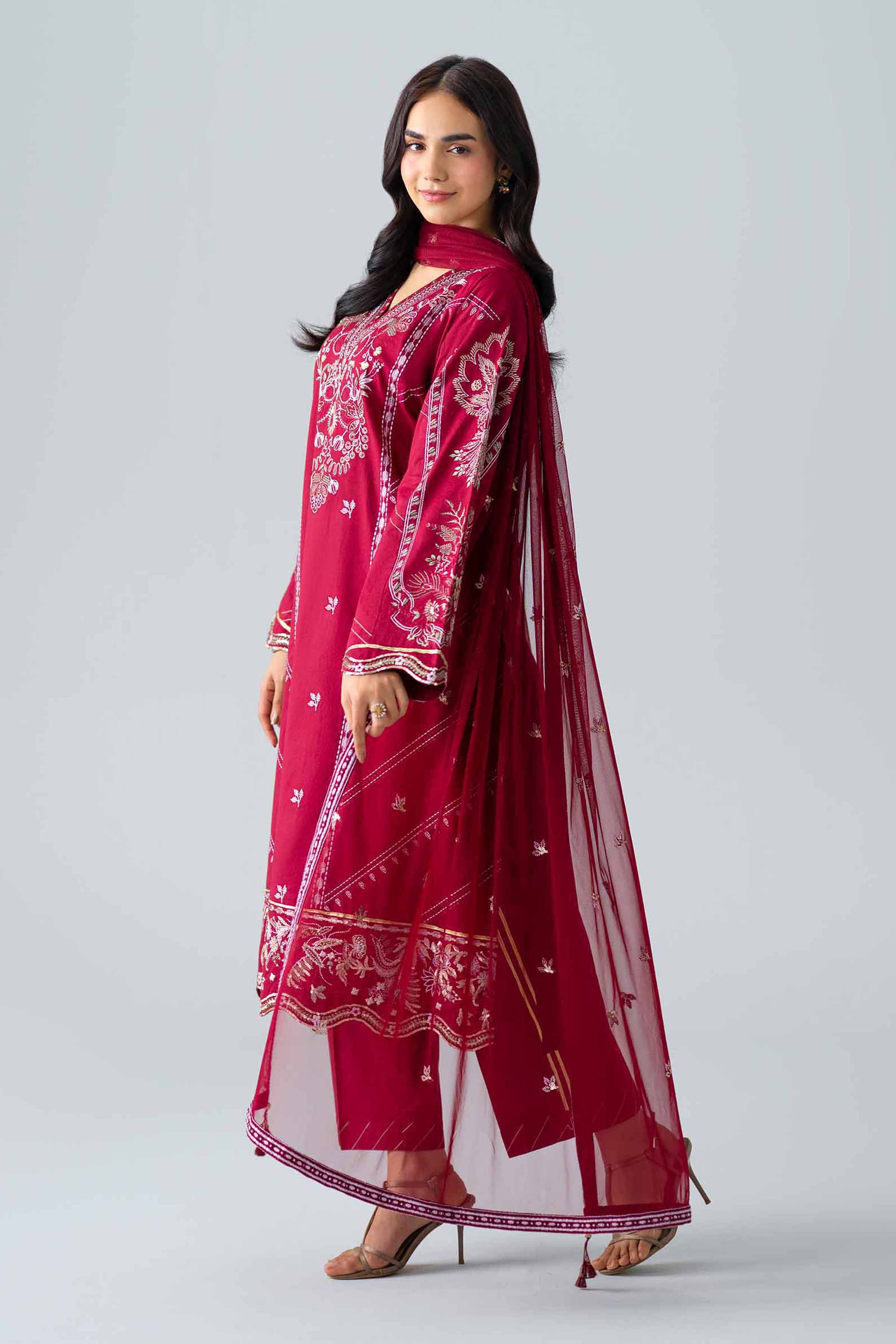 Nishat UK - Red Embroidered Lawn 3 Pieces ready to wear Suit