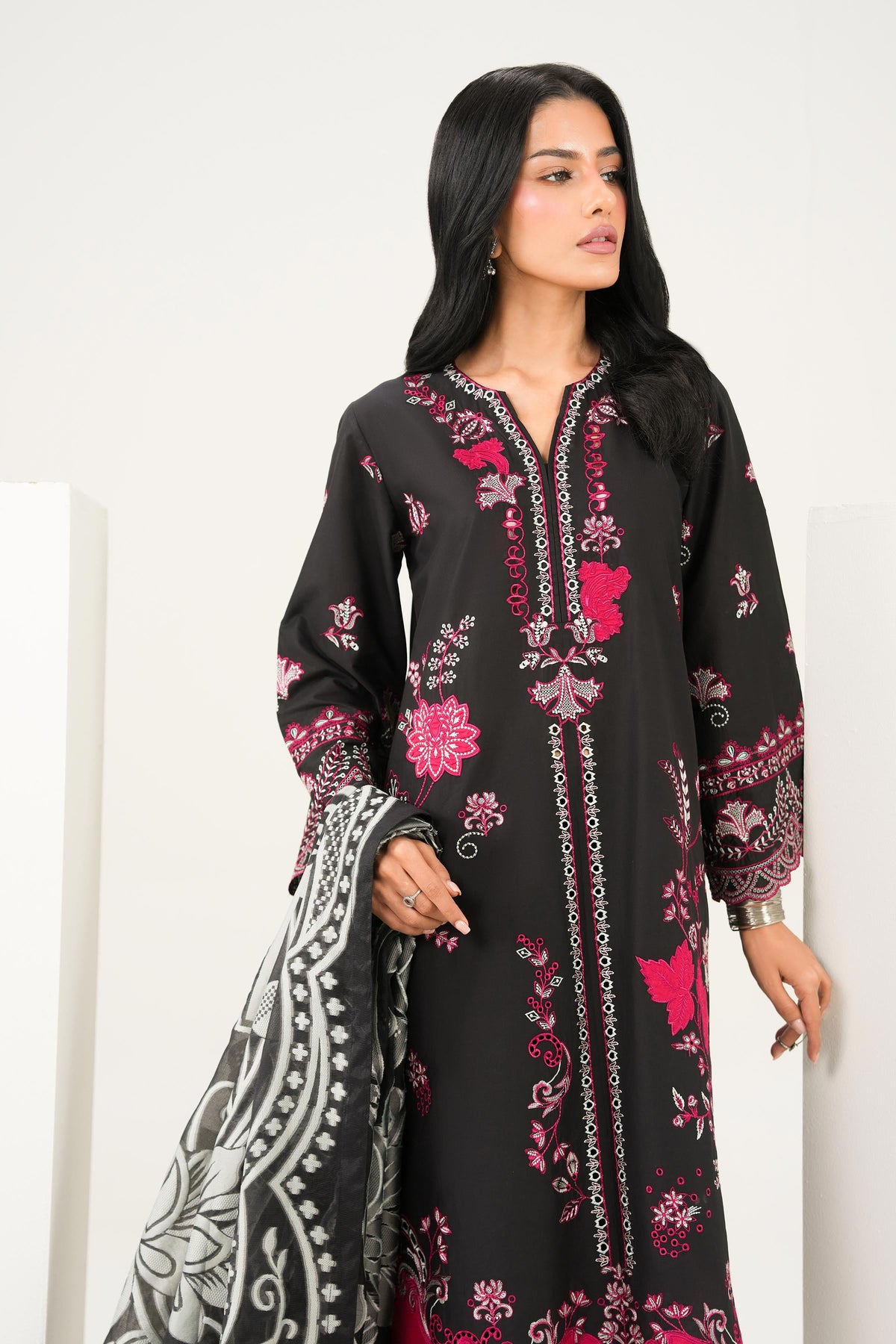 Nishat UK - Black Embroidered Cambric 3 Pieces ready to wear Suit