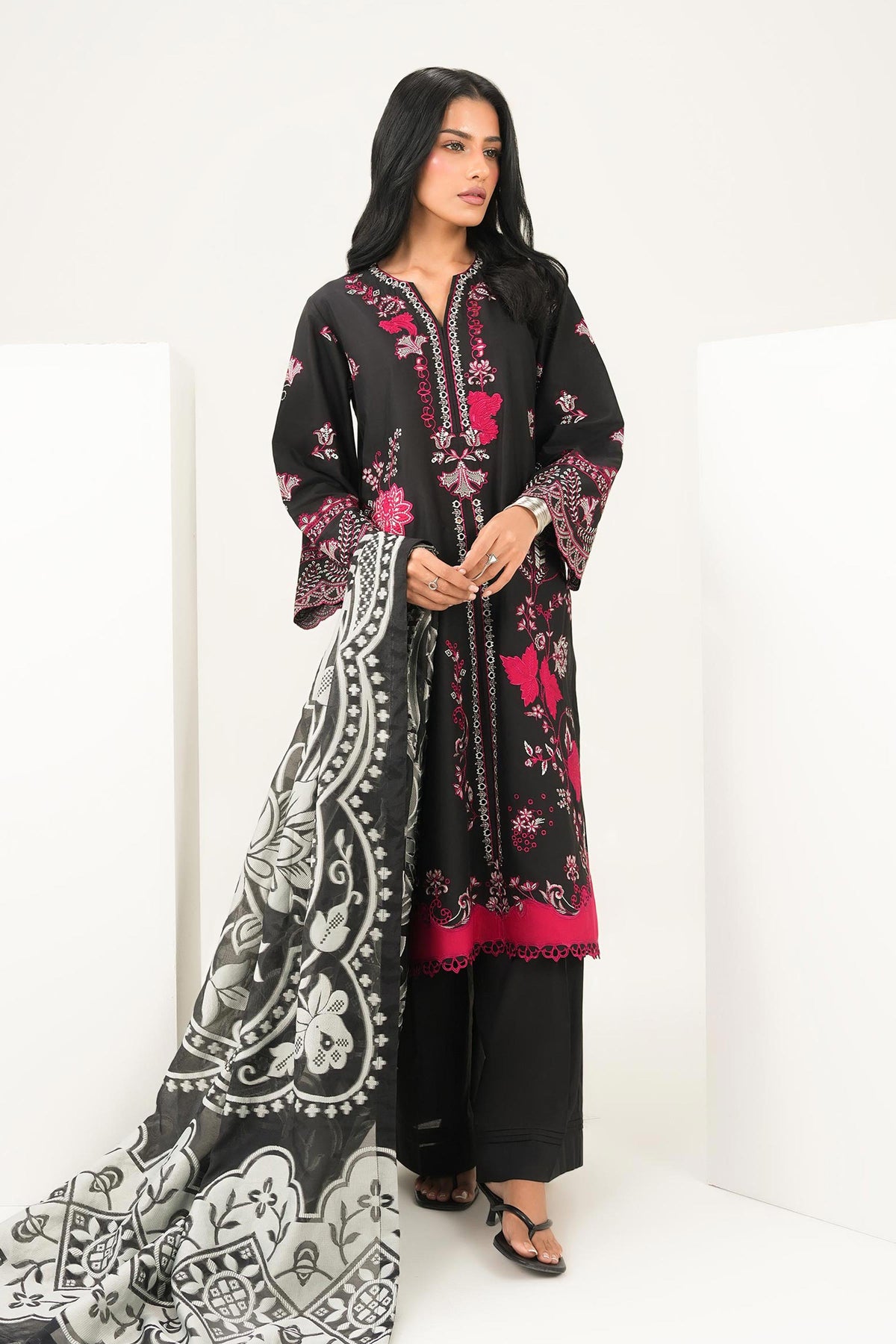Nishat UK - Black Embroidered Cambric 3 Pieces ready to wear Suit
