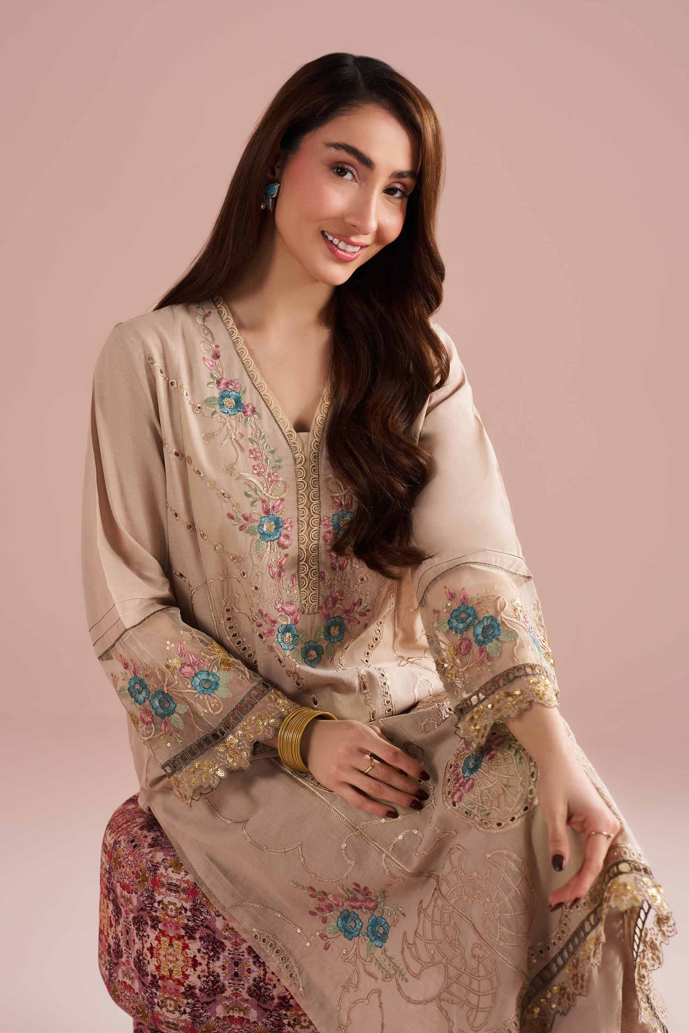 NishatUK - Beige Embroidered Linen 2-piece ready to wear Dress