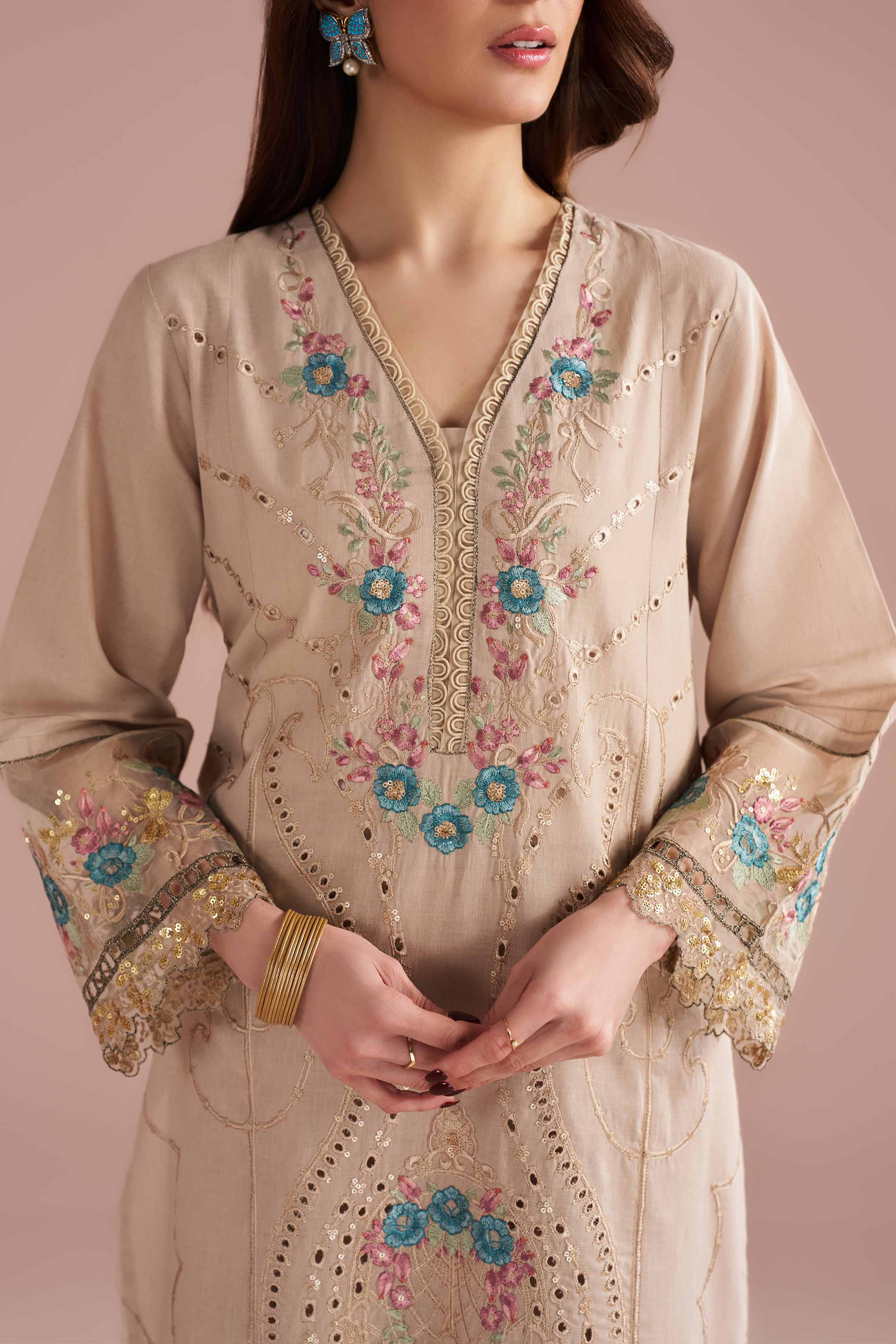 NishatUK - Beige Embroidered Linen 2-piece ready to wear Dress