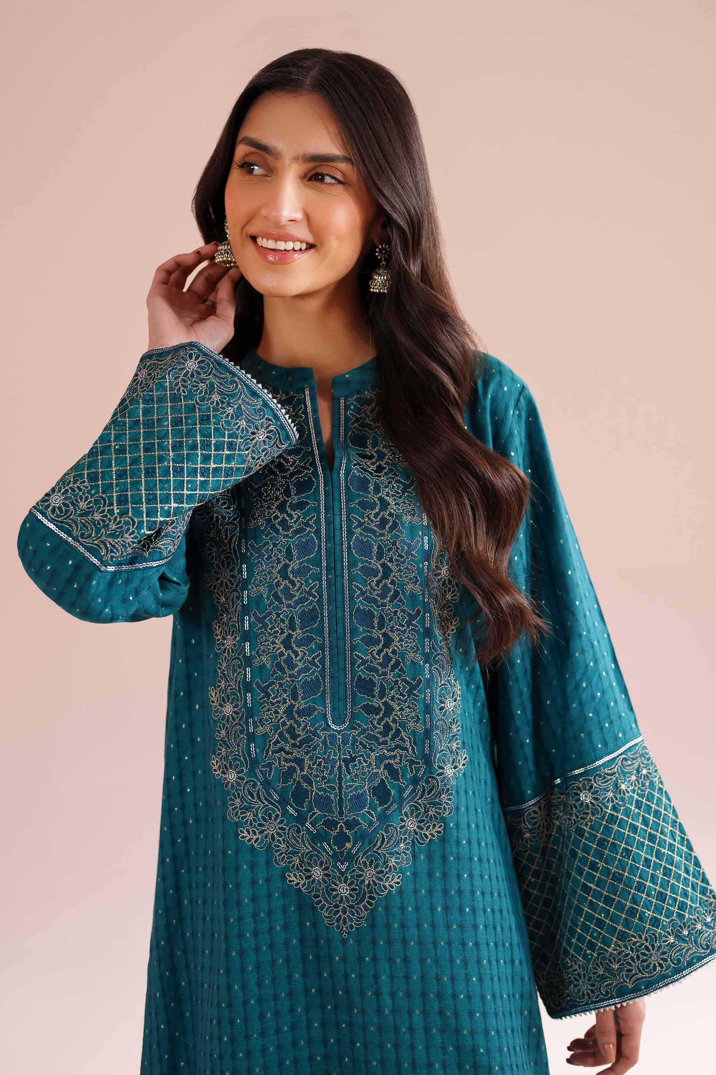 NishatUK - Green Embroidered Lurex Dyed 2-piece ready to wear Dress