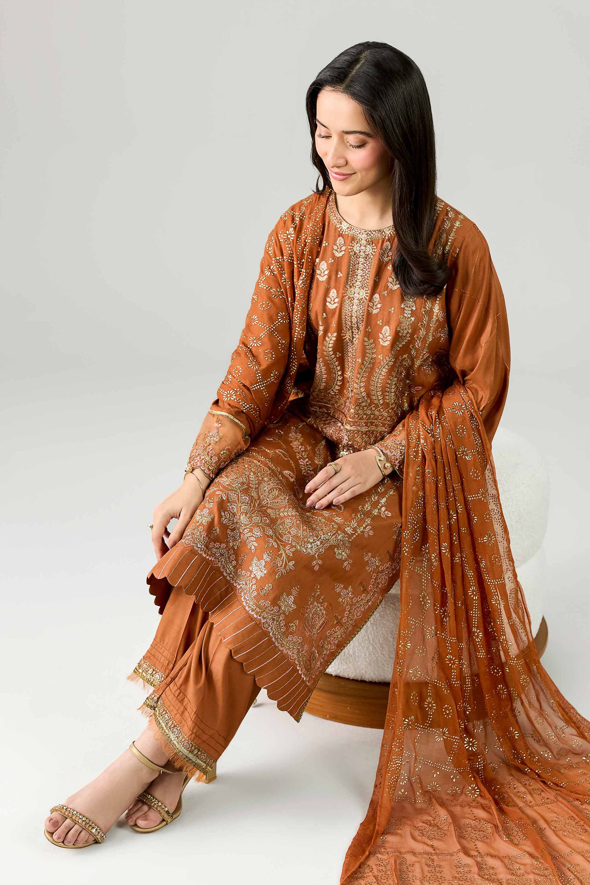 Nishat UK - Orange Embroidered Silk 3 Piece ready to wear Suit