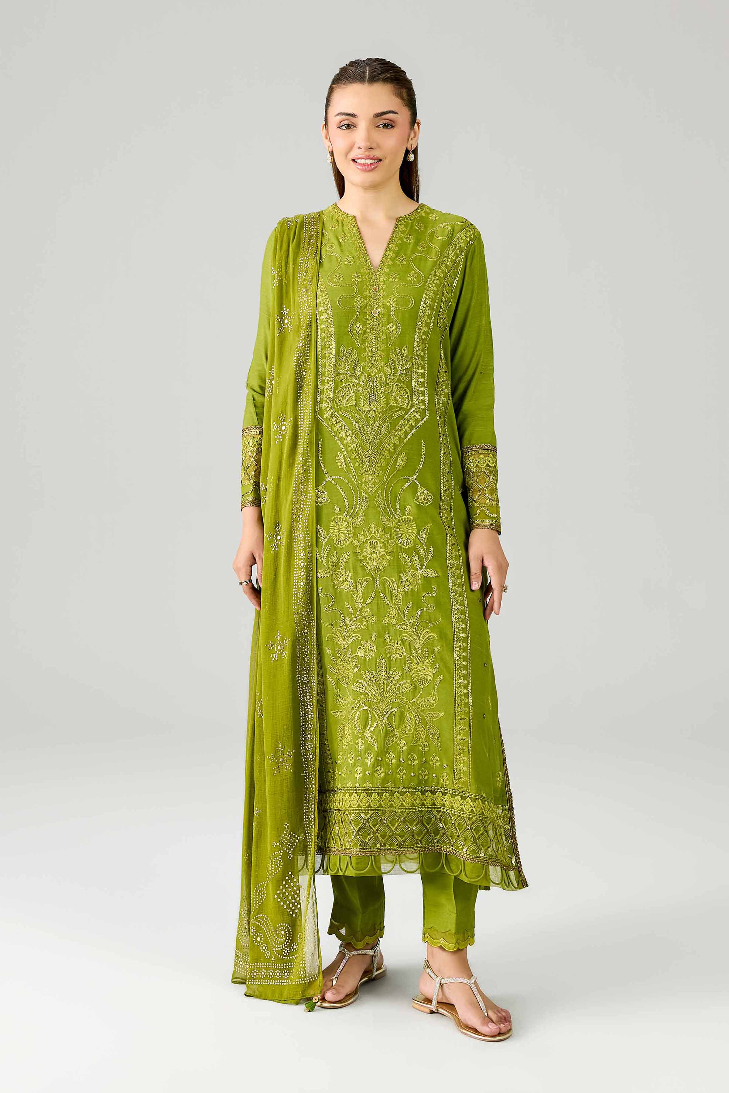 Nishat UK - Green Embroidered Silk 3 Piece ready to wear Suit