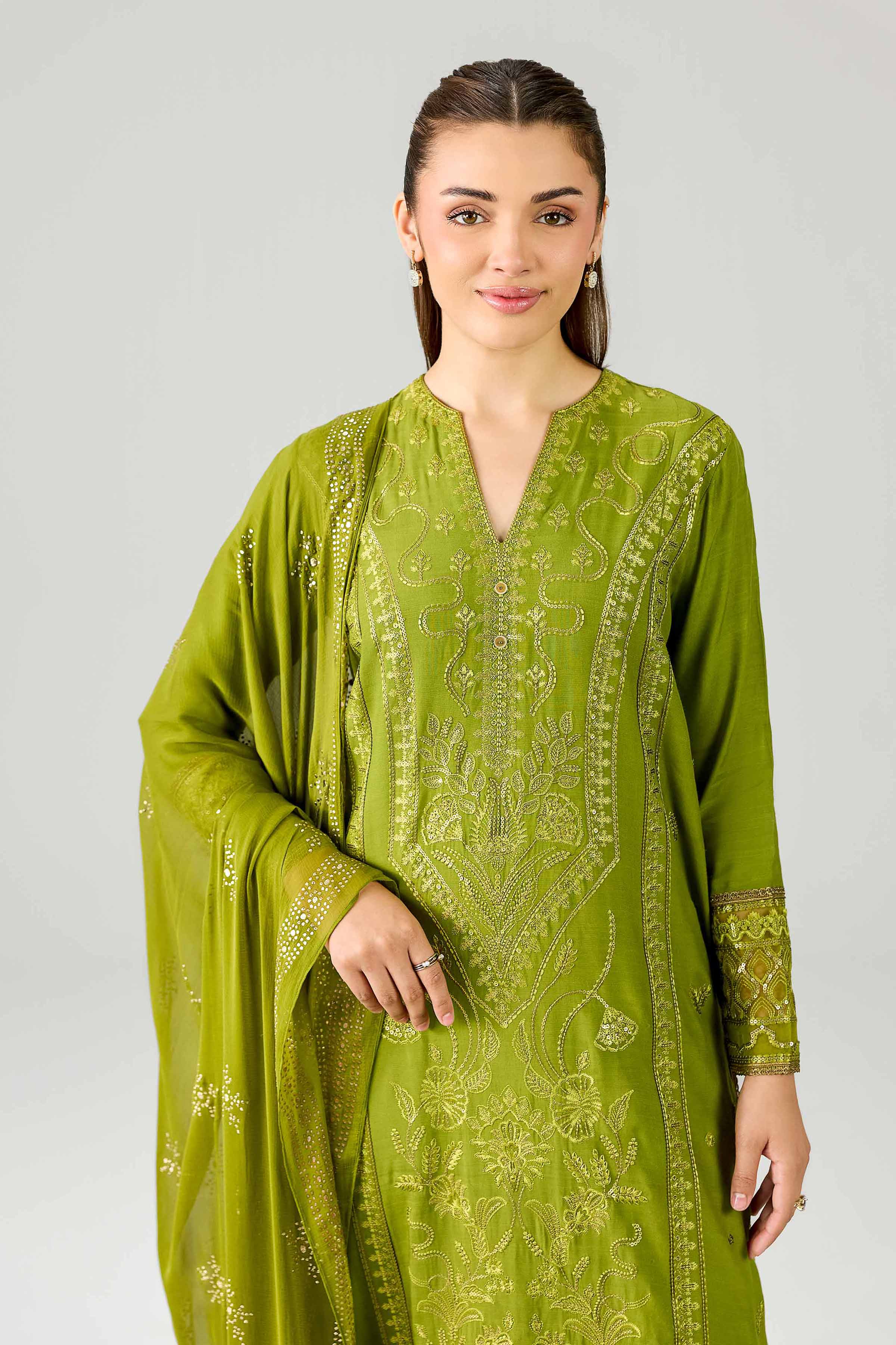 Nishat UK - Green Embroidered Silk 3 Piece ready to wear Suit