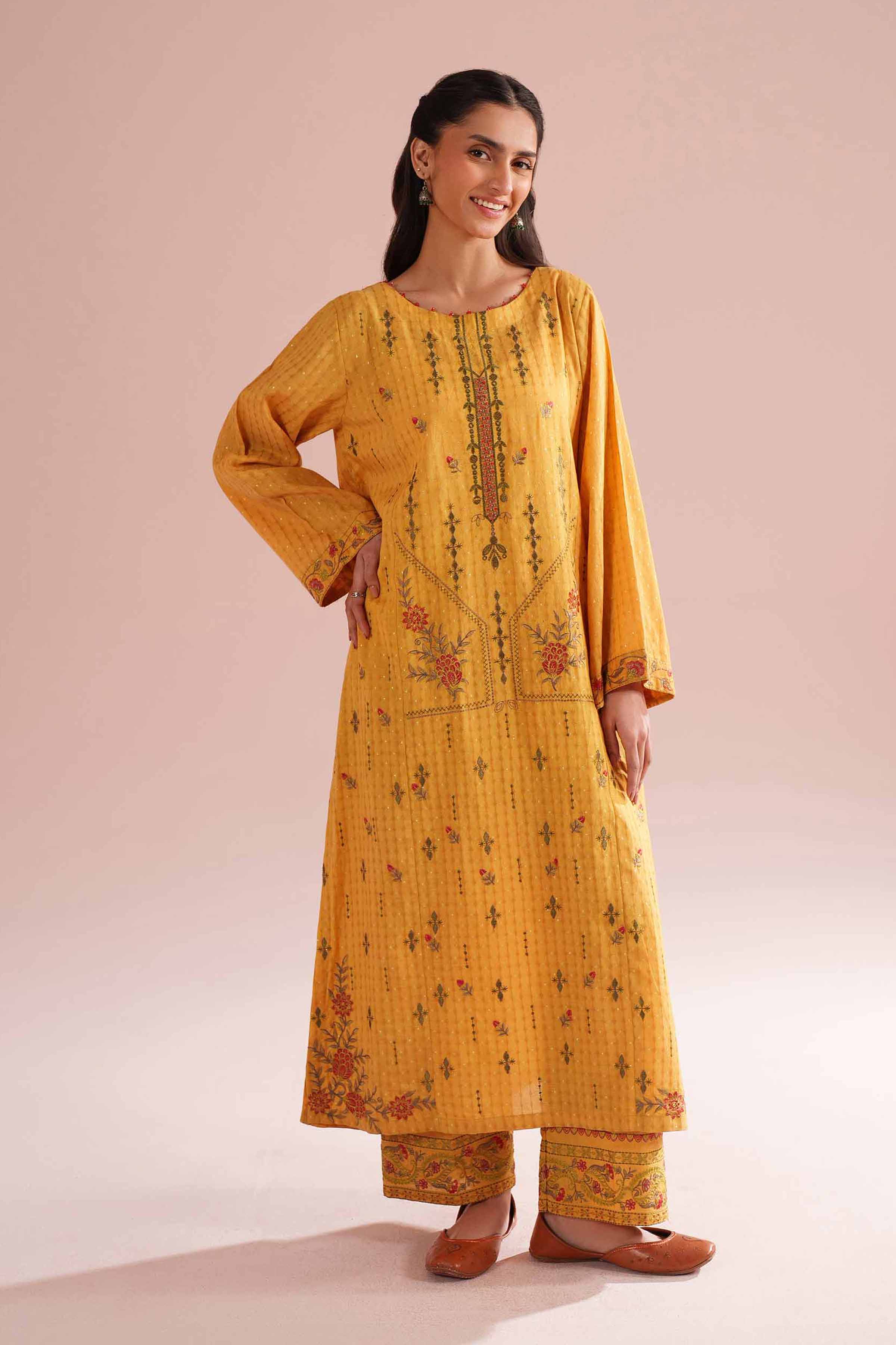 Nishat UK - Yellow Embroidered Lurex Dyed 2-piece ready to wear Dress