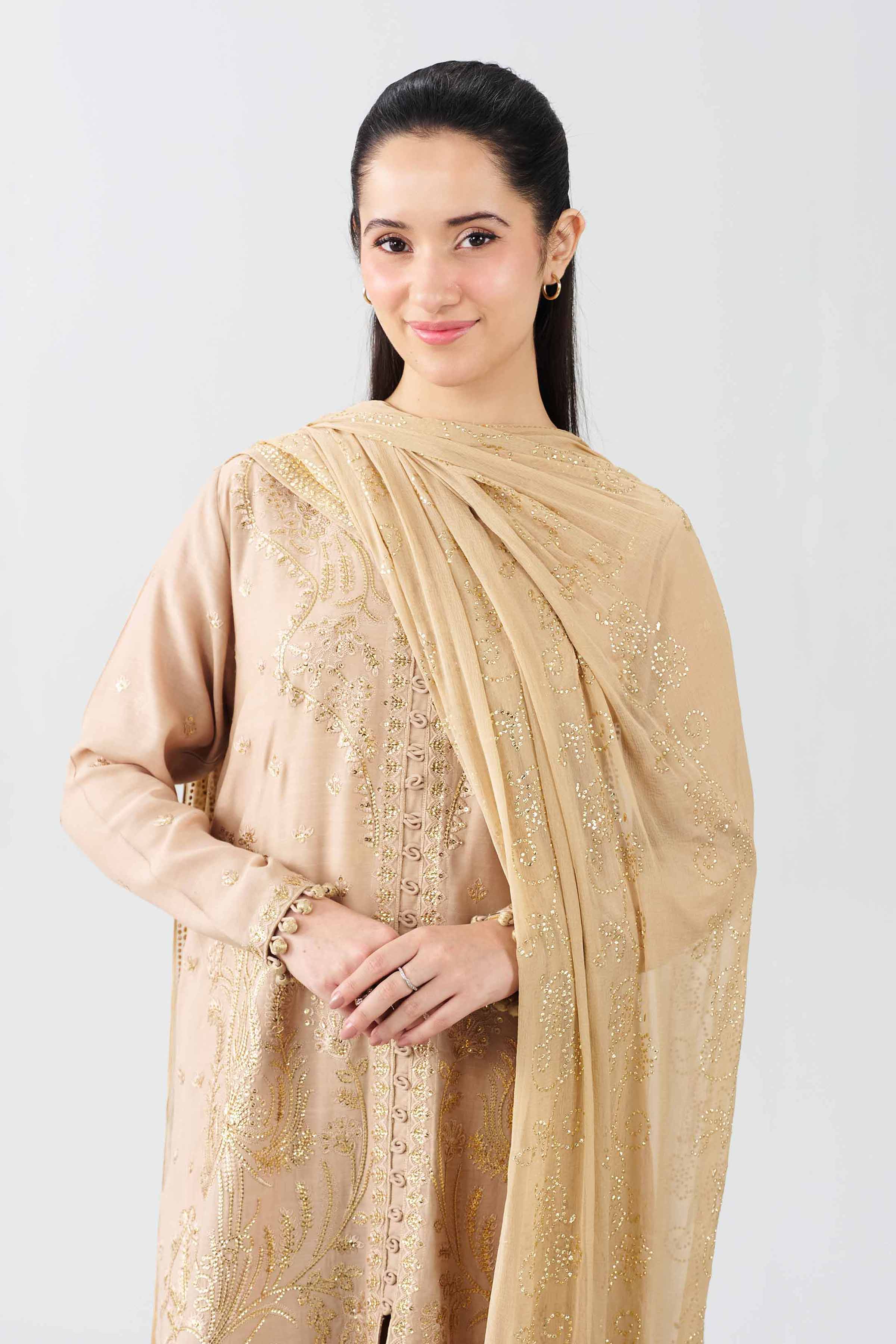 Nishat UK - Beige Embroidered Raw Silk 3 Pieces ready to wear Suit