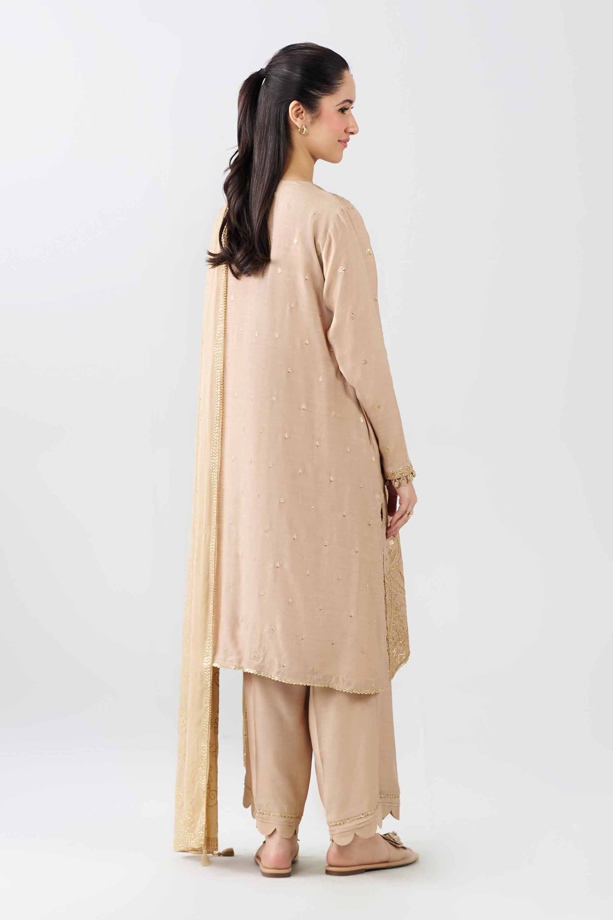 Nishat UK - Beige Embroidered Raw Silk 3 Pieces ready to wear Suit