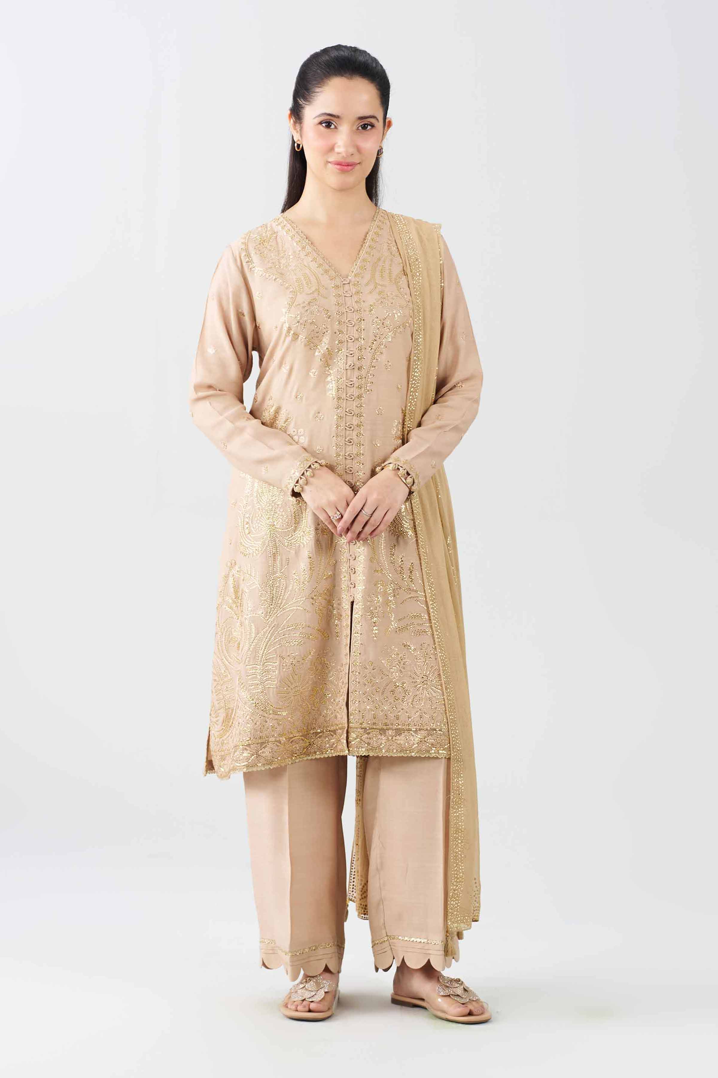 Nishat UK - Beige Embroidered Raw Silk 3 Pieces ready to wear Suit