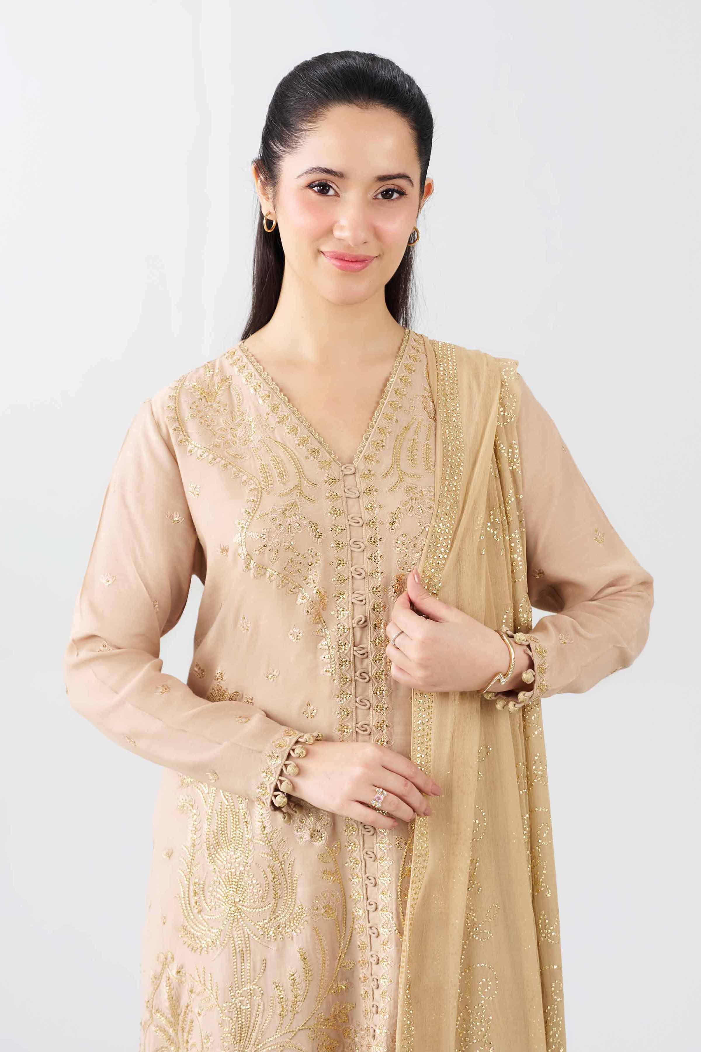 Nishat UK - Beige Embroidered Raw Silk 3 Pieces ready to wear Suit