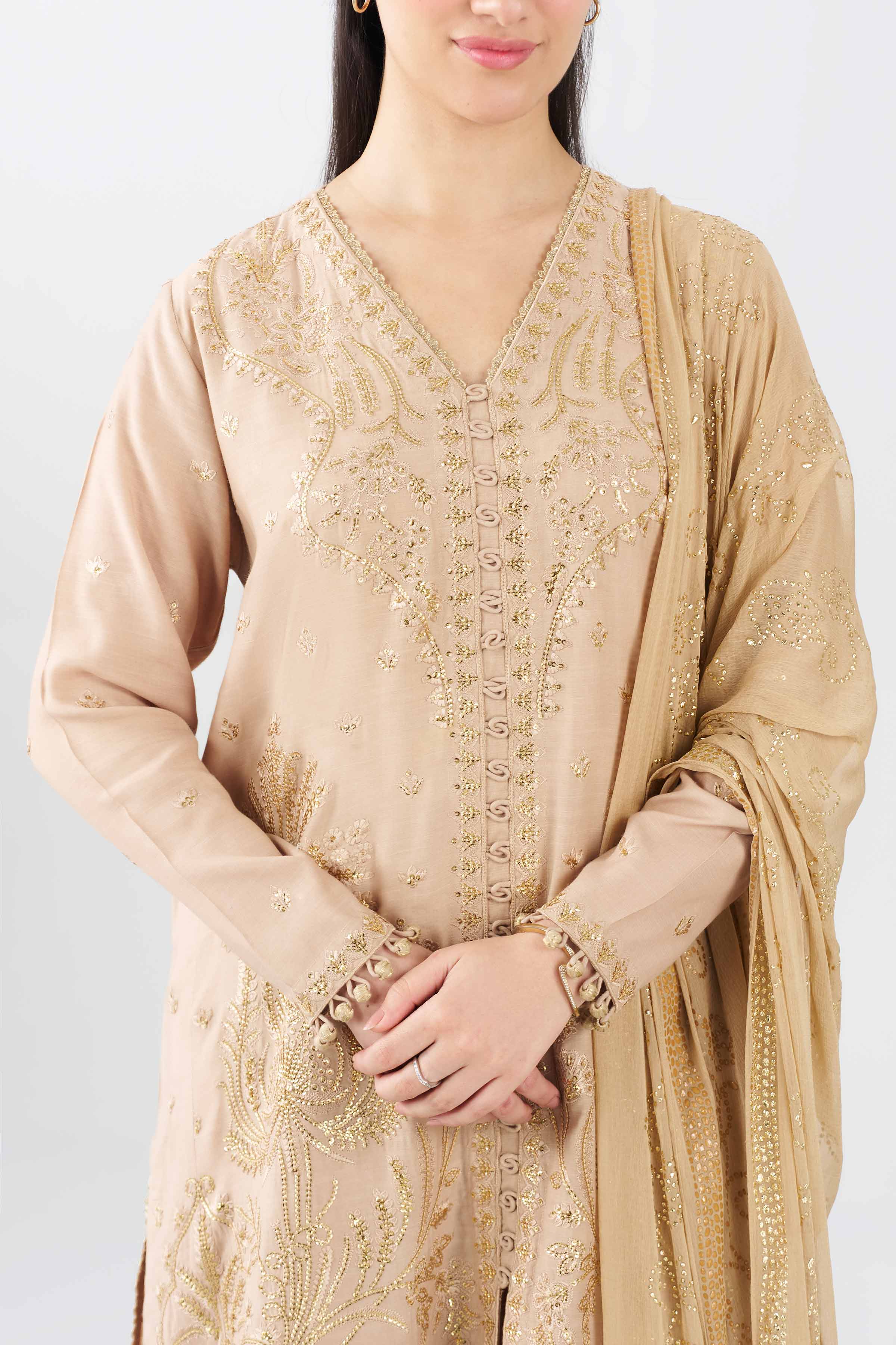 Nishat UK - Beige Embroidered Raw Silk 3 Pieces ready to wear Suit