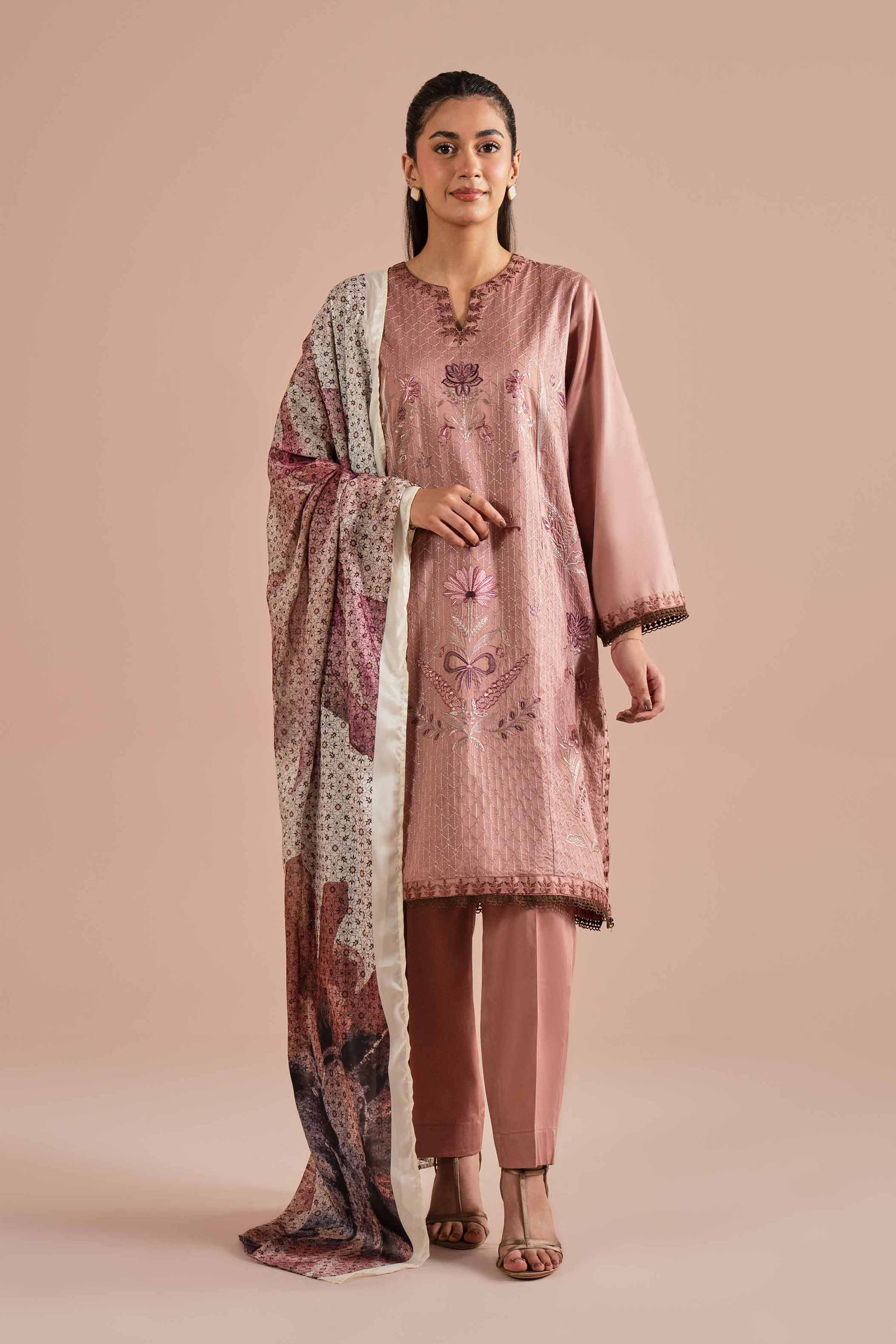 NishatUK - Pink Embroidered Sateen 3-piece ready to wear Suit