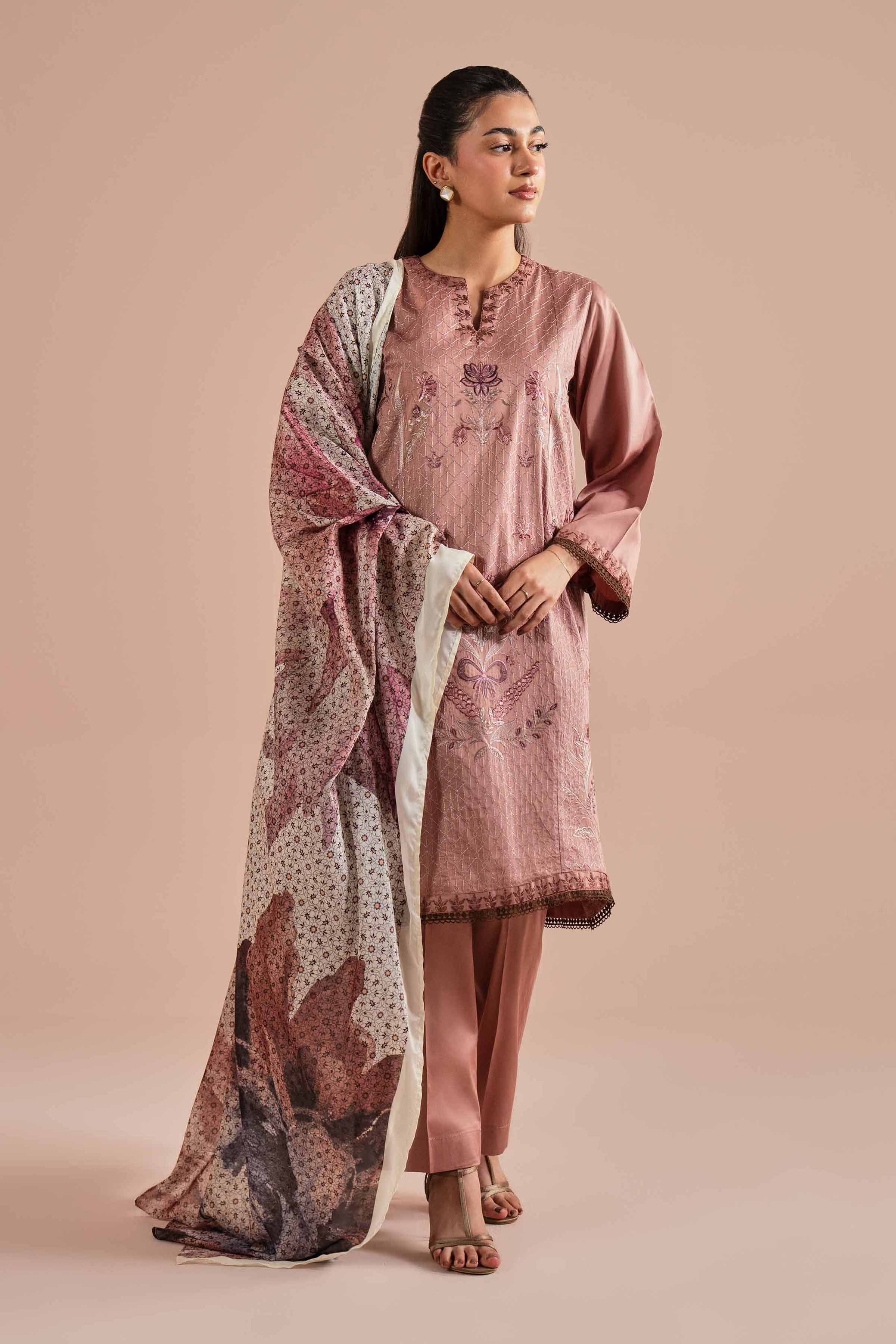 NishatUK - Pink Embroidered Sateen 3-piece ready to wear Suit