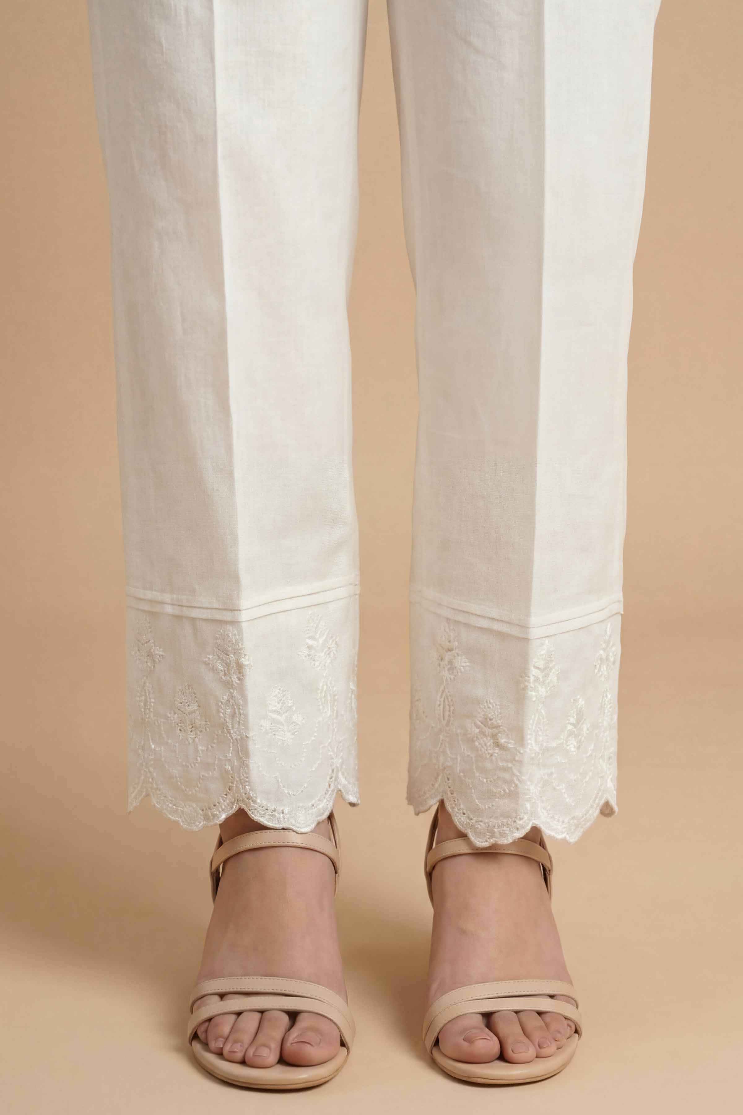 NishatUK - White Embroidered Cambric ready to wear Trouser