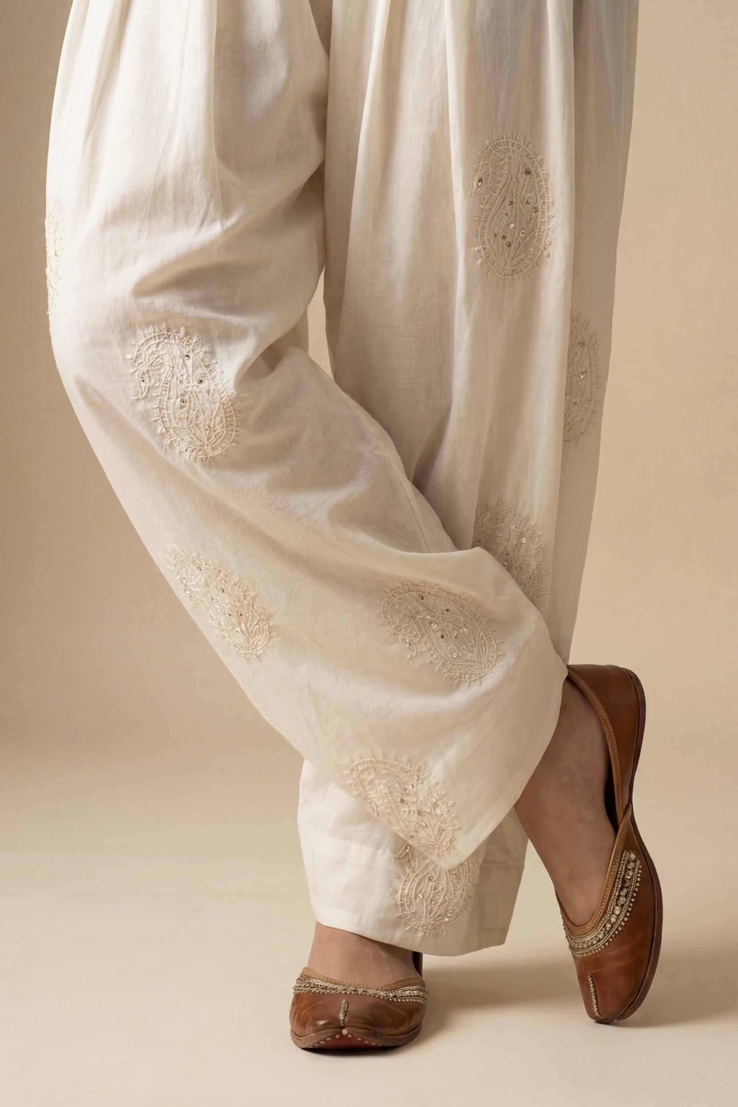 NishatUK - Off White Embroidered Cambric ready to wear Shalwar