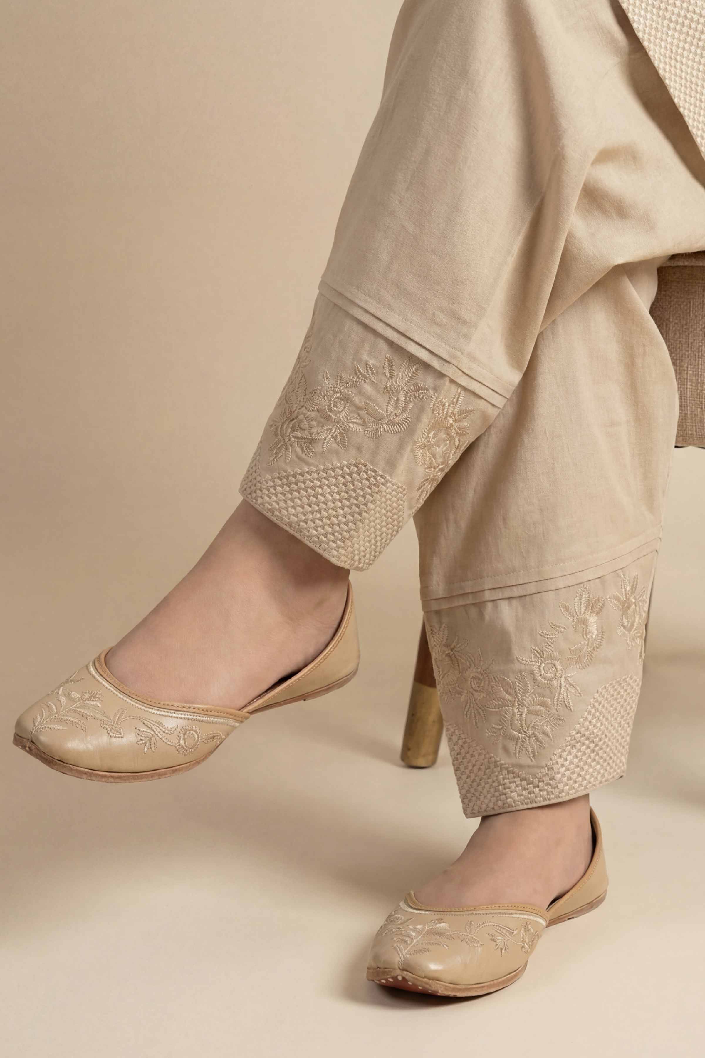 NishatUK - Beige Embroidered Cambric ready to wear Shalwar