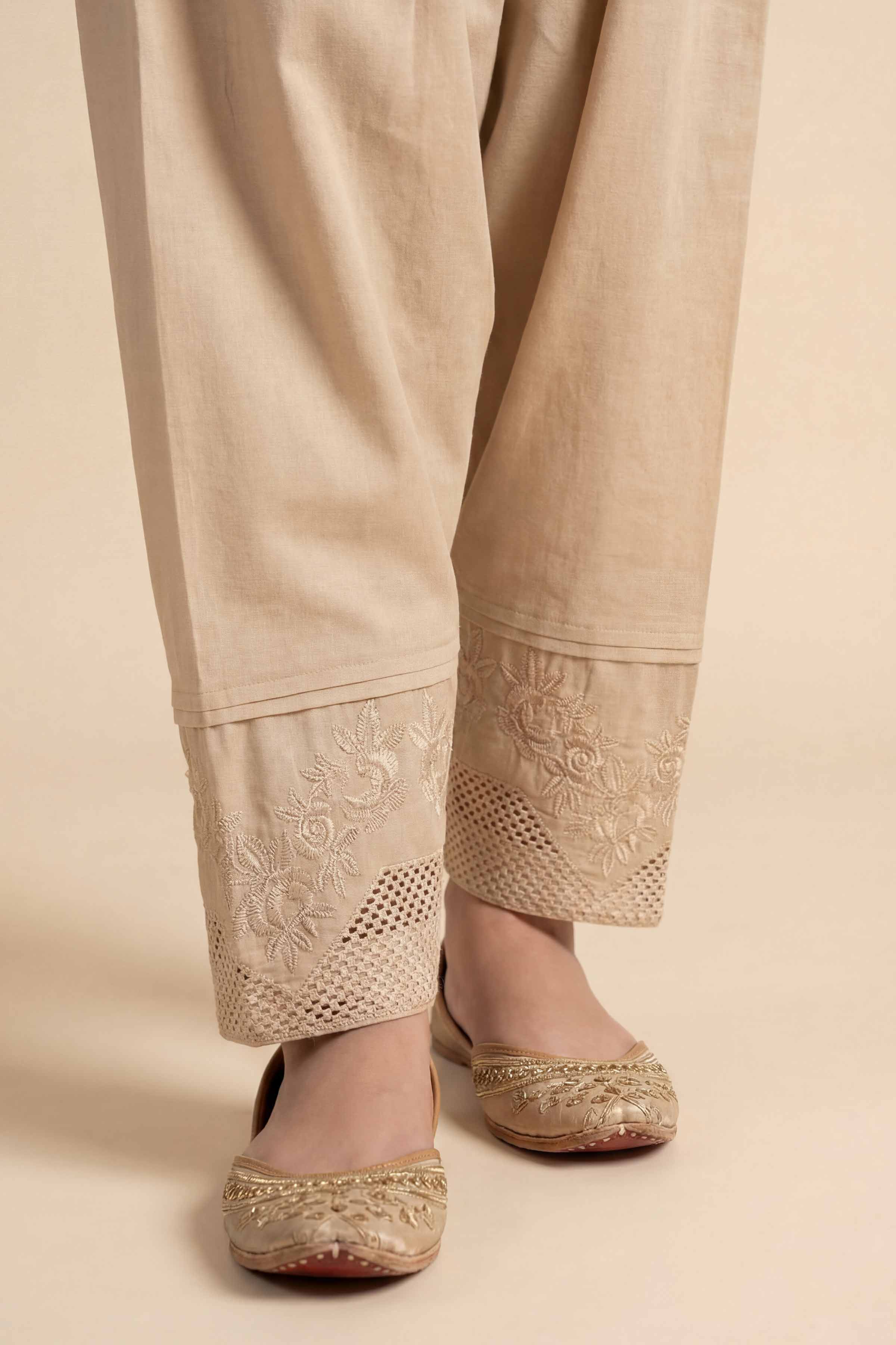 NishatUK - Beige Embroidered Cambric ready to wear Shalwar