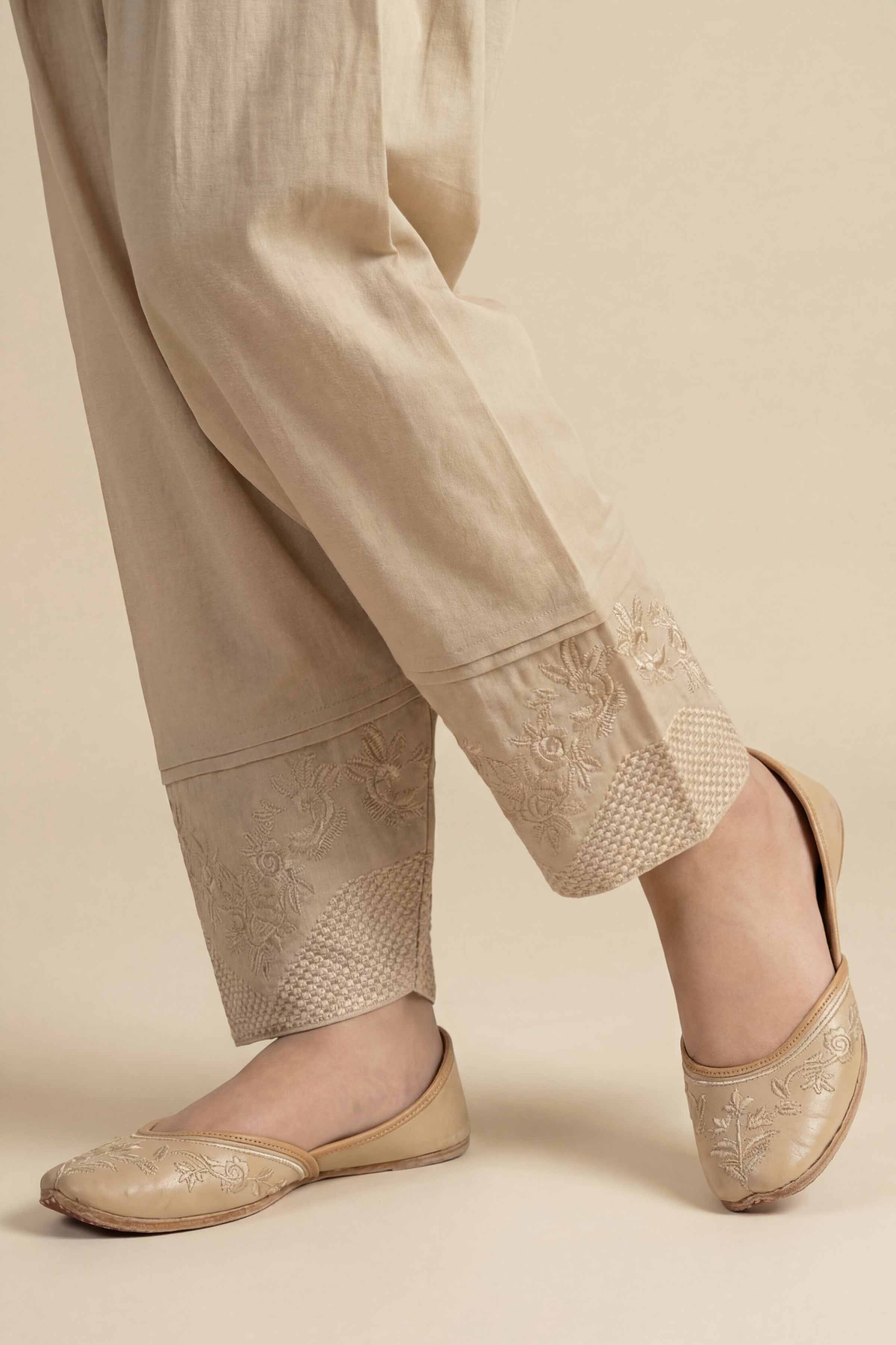 NishatUK - Beige Embroidered Cambric ready to wear Shalwar