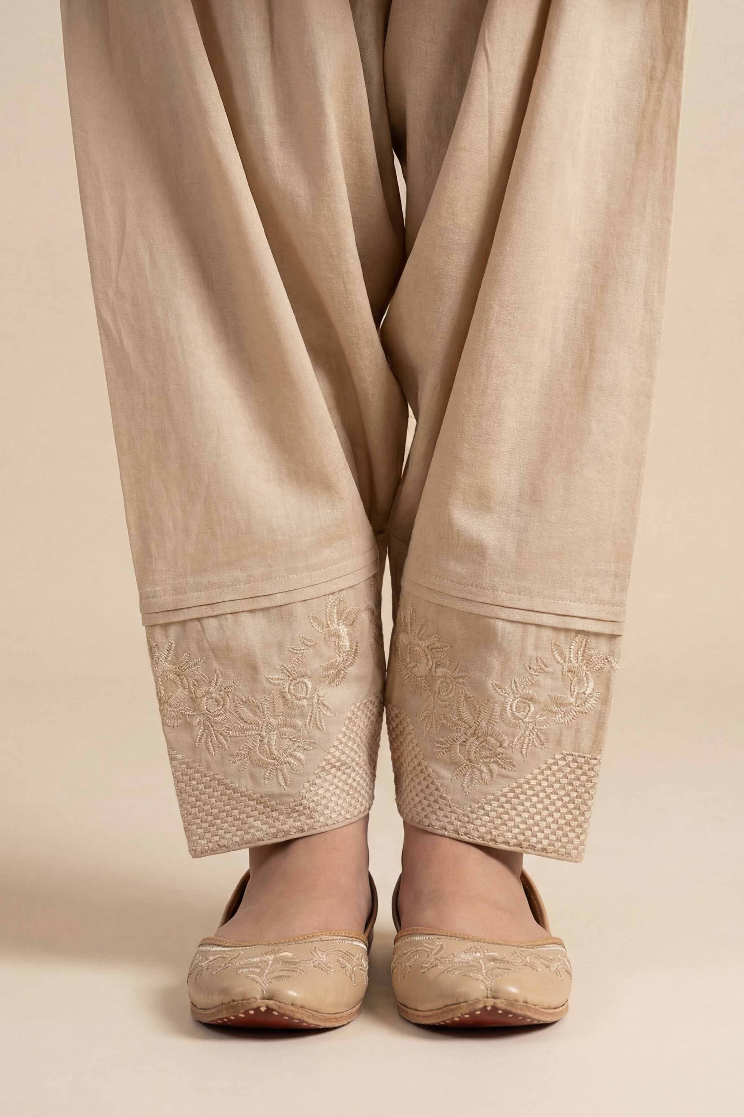 NishatUK - Beige Embroidered Cambric ready to wear Shalwar