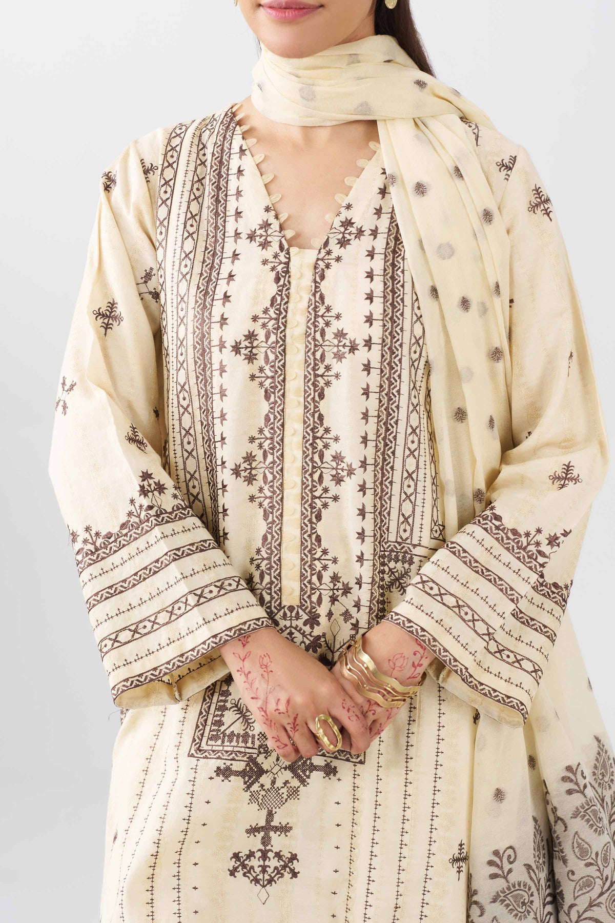 Nishat UK - Off White Embroidered Jacquard 3 Piece ready to wear Suit