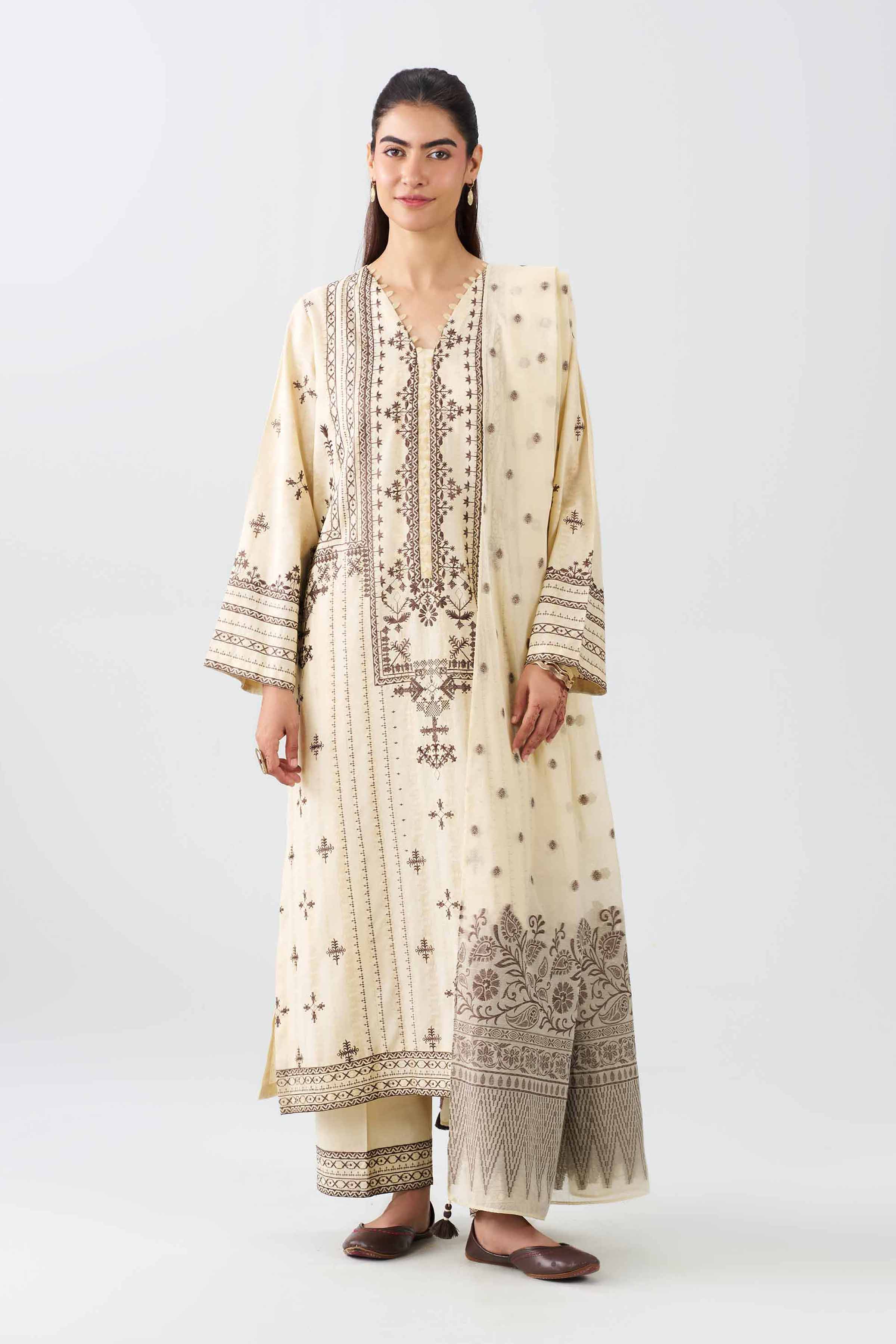 Nishat UK - Off White Embroidered Jacquard 3 Piece ready to wear Suit