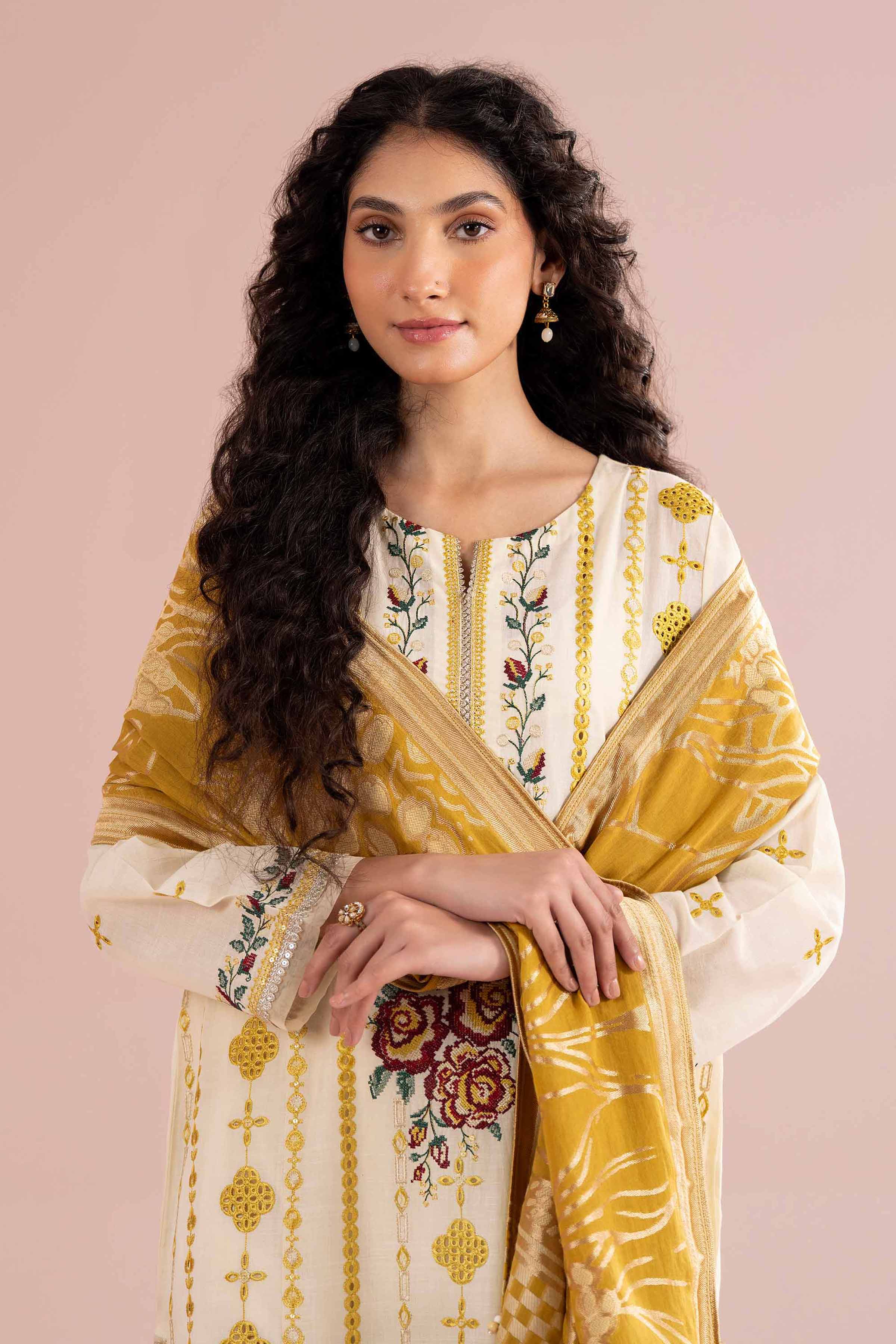 NishatUK - Yellow Embroidered Slub Base 3-piece ready to wear Suit
