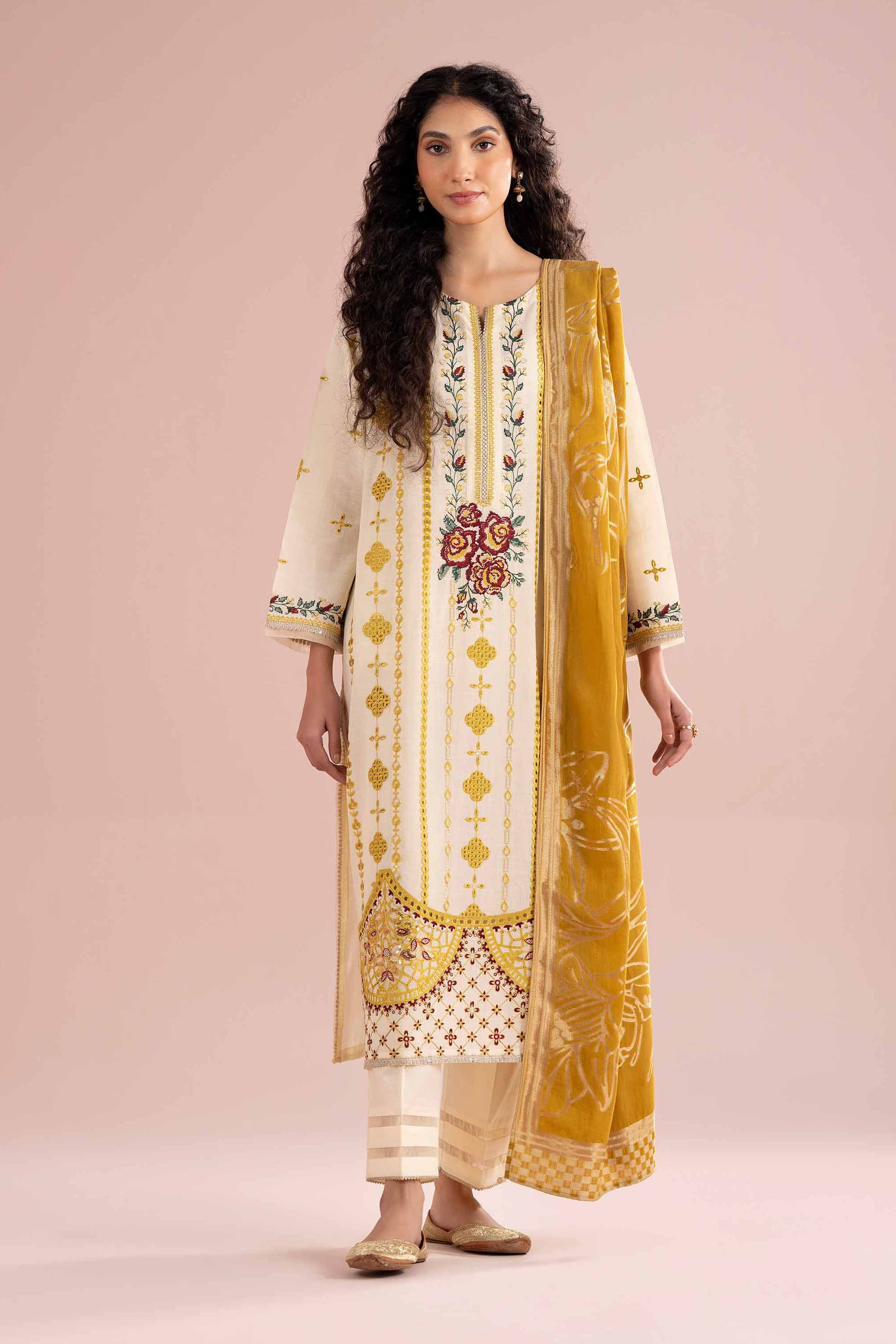 NishatUK - Yellow Embroidered Slub Base 3-piece ready to wear Suit