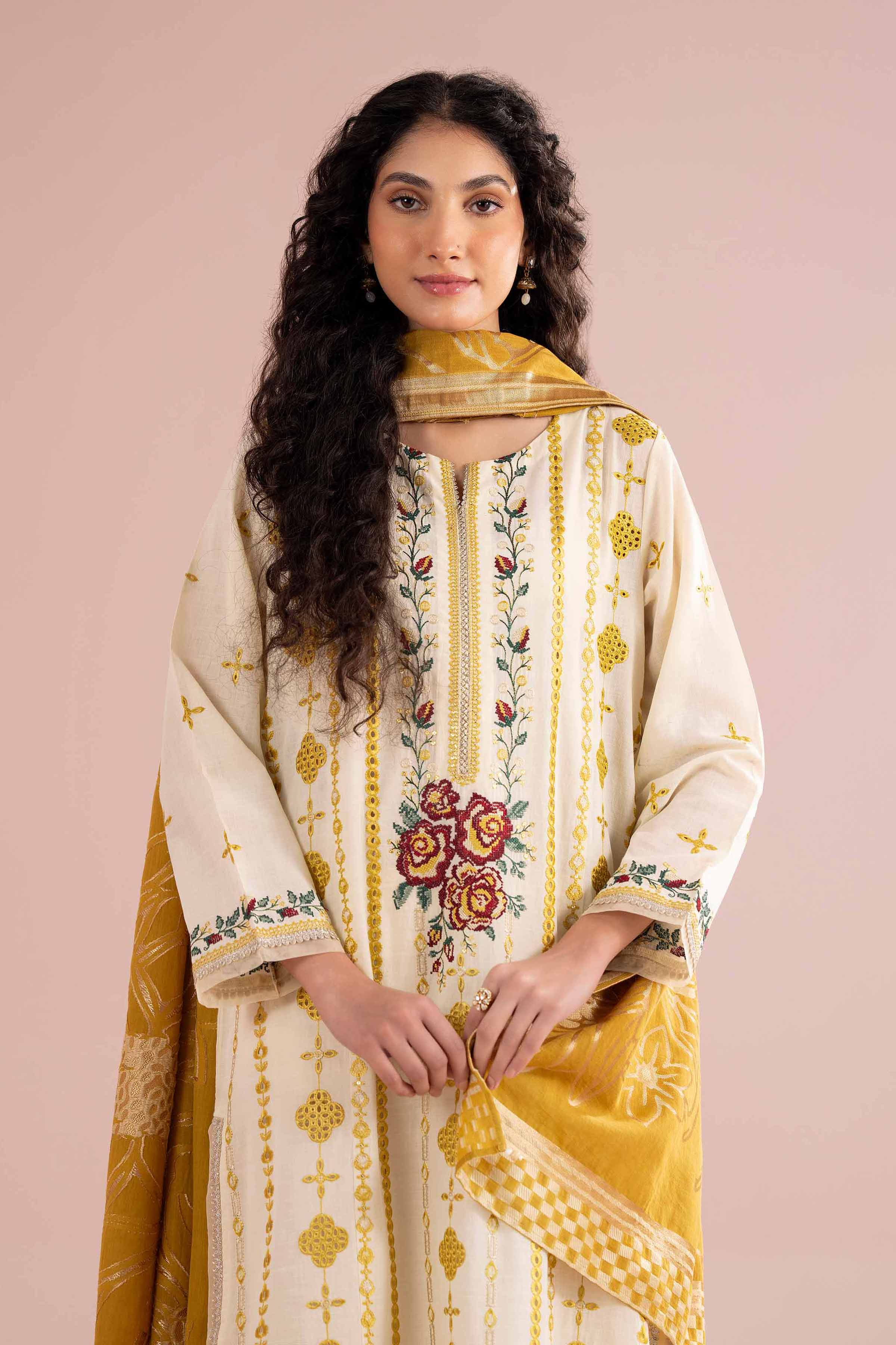 NishatUK - Yellow Embroidered Slub Base 3-piece ready to wear Suit