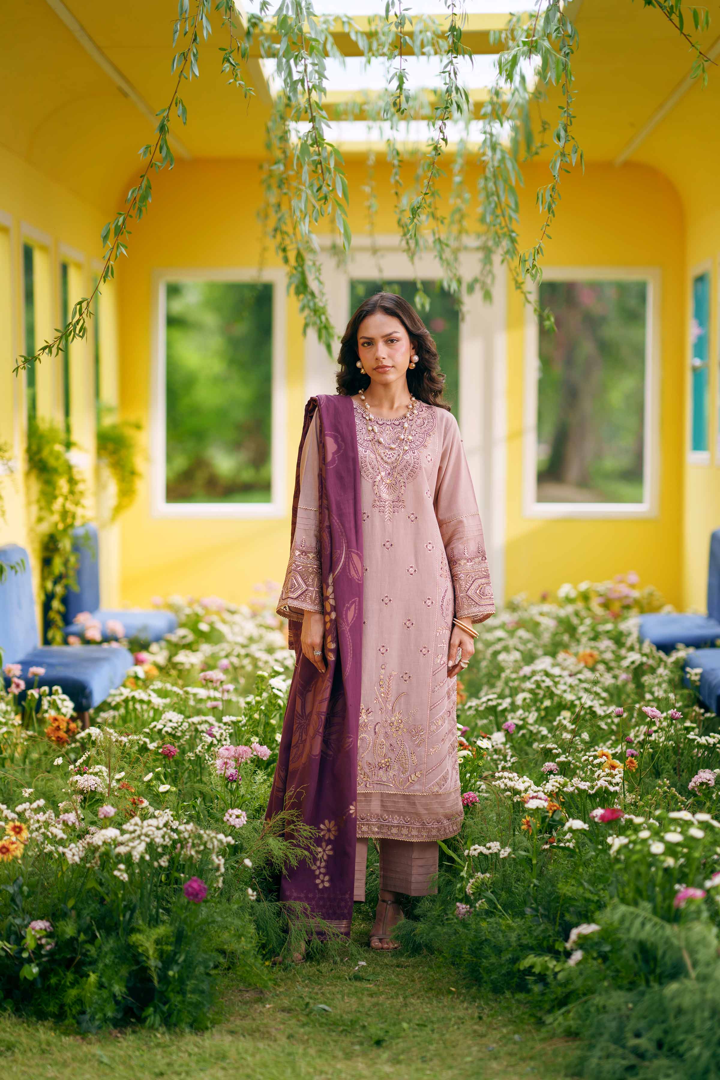 Nishat UK - Purple Embroidered Slub Base 3-piece ready to wear Suit