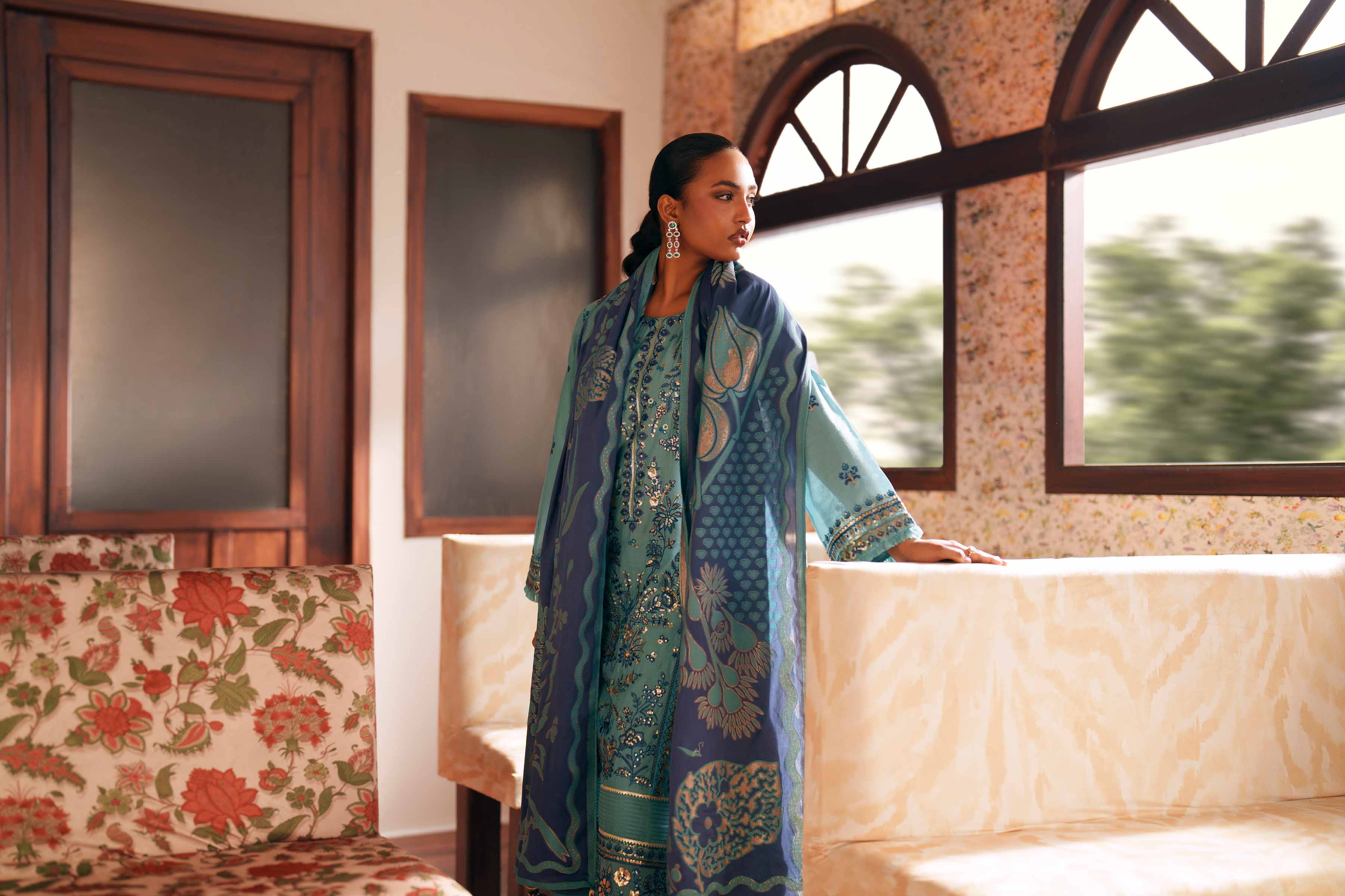 Nishat UK - Blue Embroidered Slub Base 3-piece ready to wear Suit