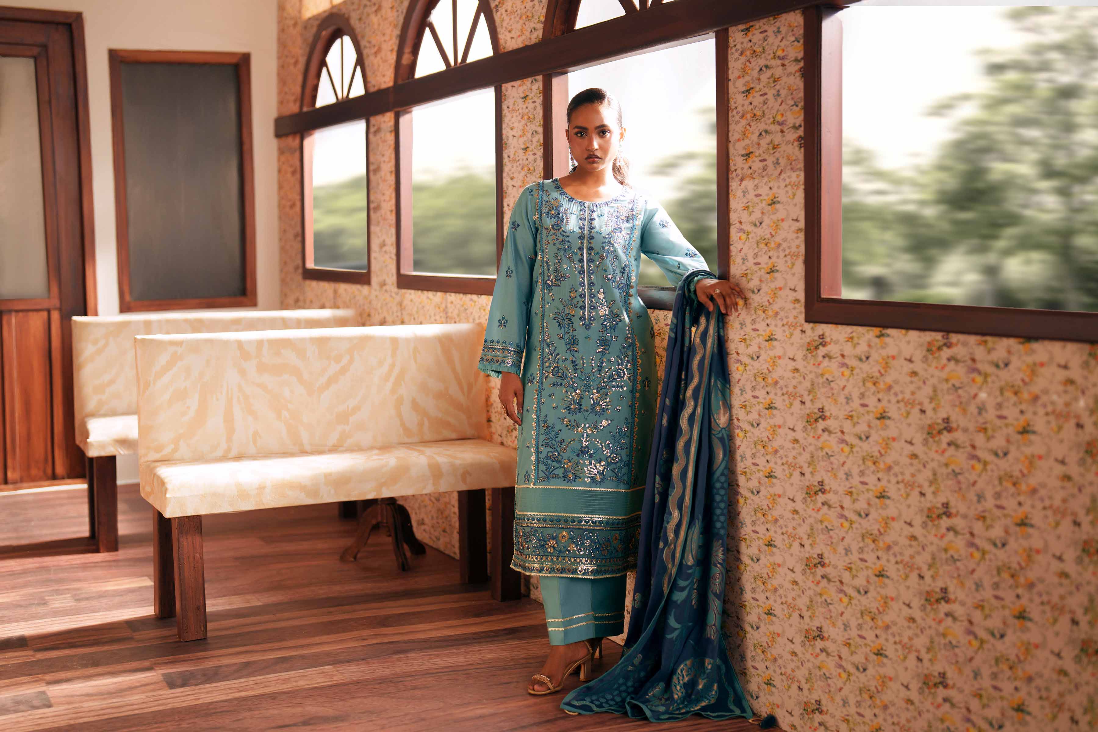 Nishat UK - Blue Embroidered Slub Base 3-piece ready to wear Suit