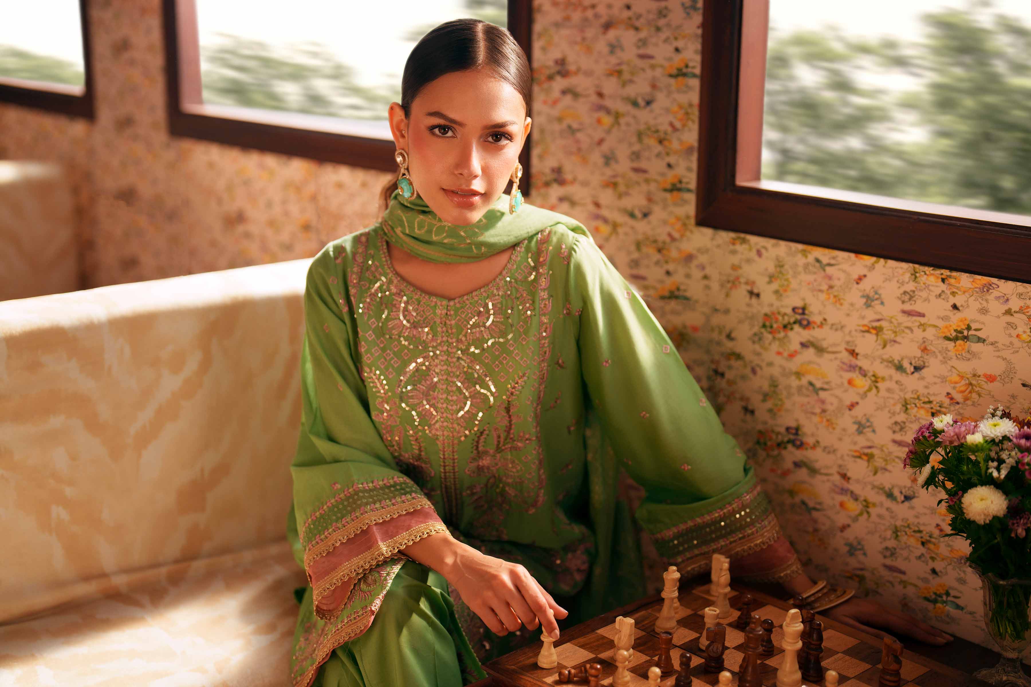 Nishat UK - Green Embroidered Slub Base 3-piece ready to wear Suit