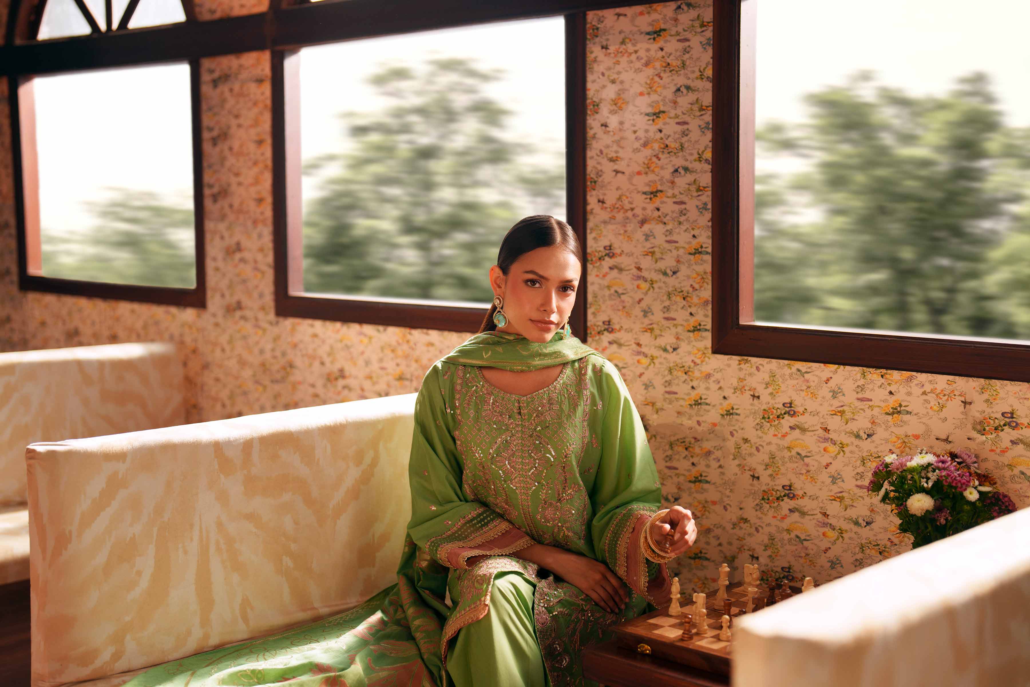 Nishat UK - Green Embroidered Slub Base 3-piece ready to wear Suit