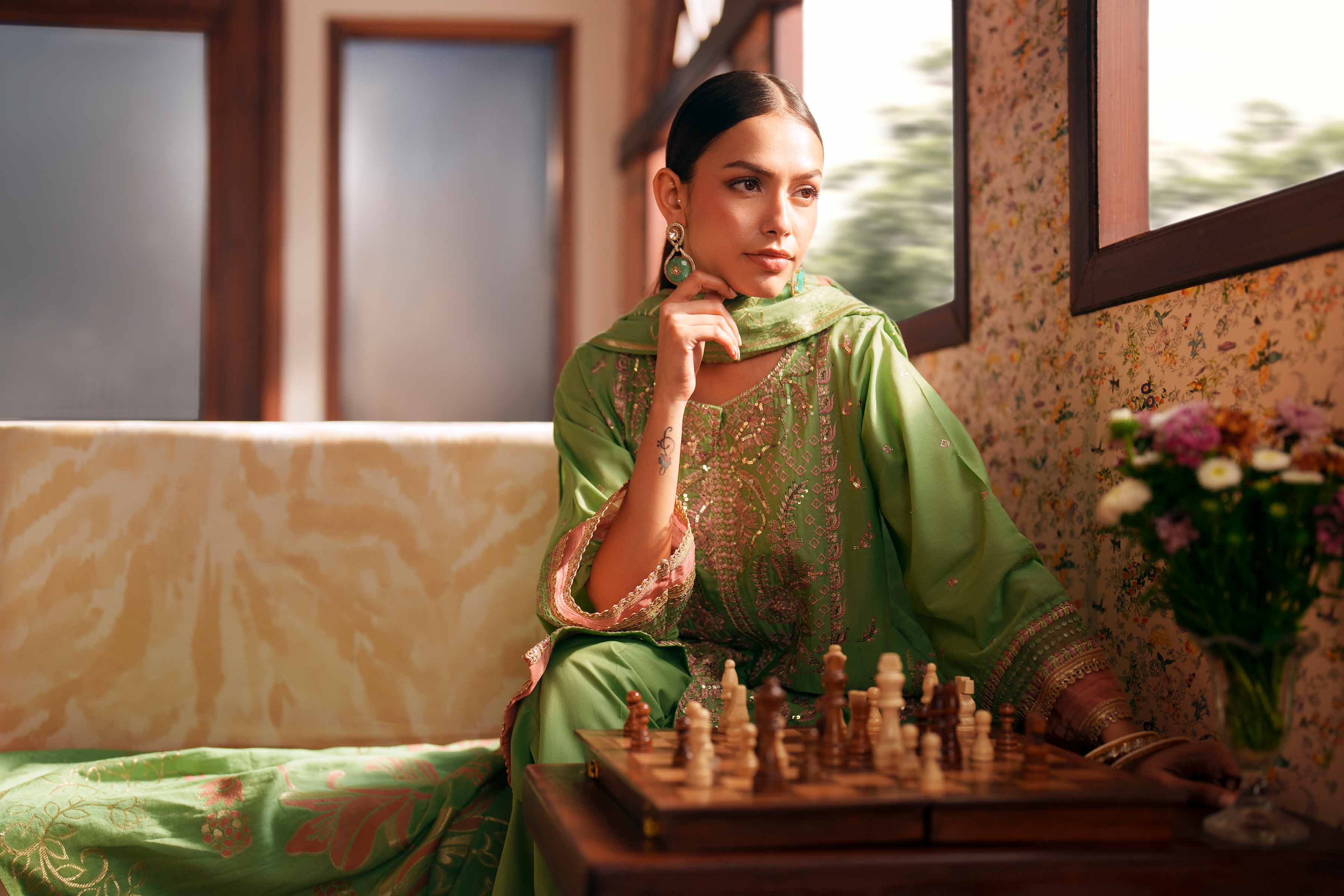 Nishat UK - Green Embroidered Slub Base 3-piece ready to wear Suit