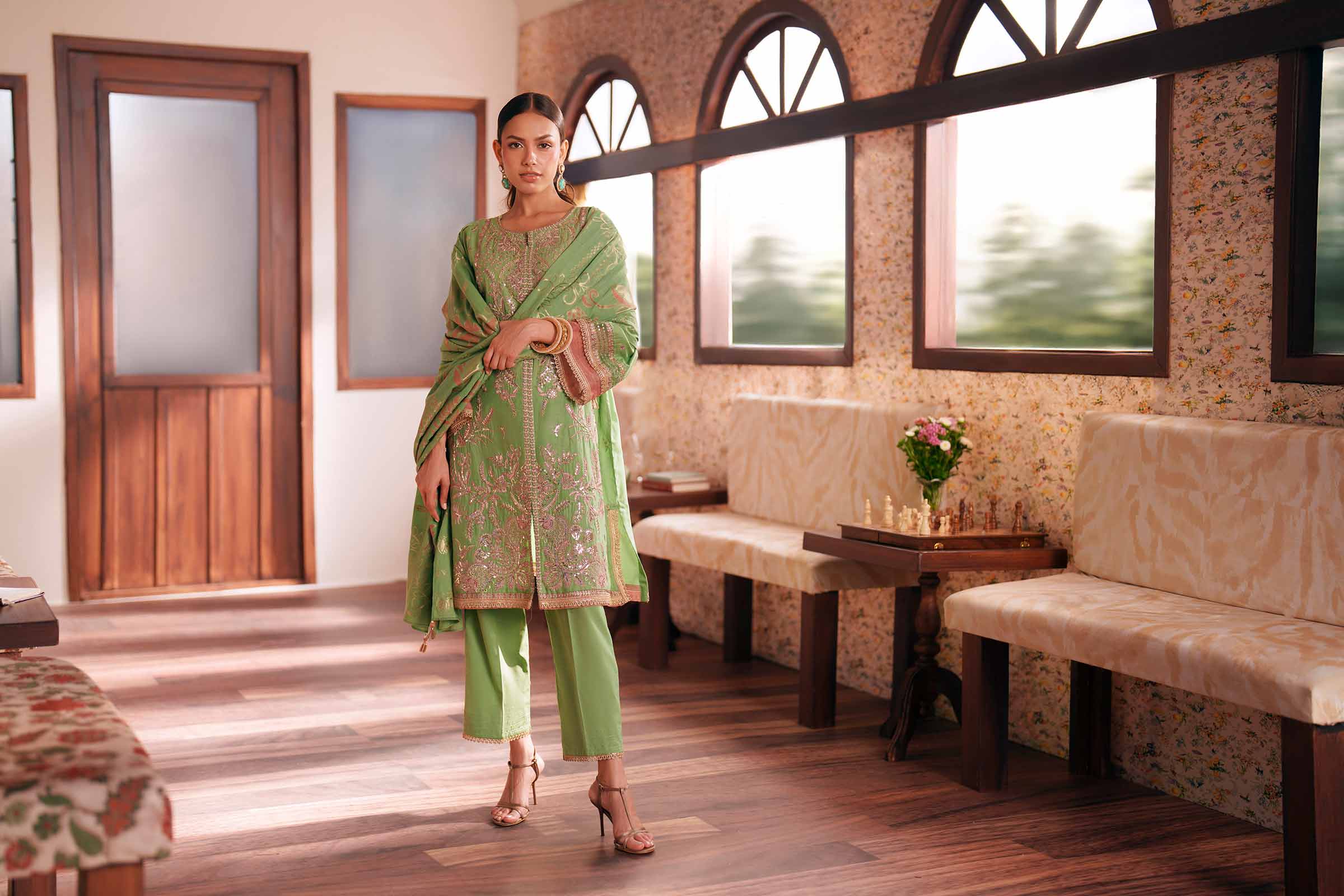 Nishat UK - Green Embroidered Slub Base 3-piece ready to wear Suit